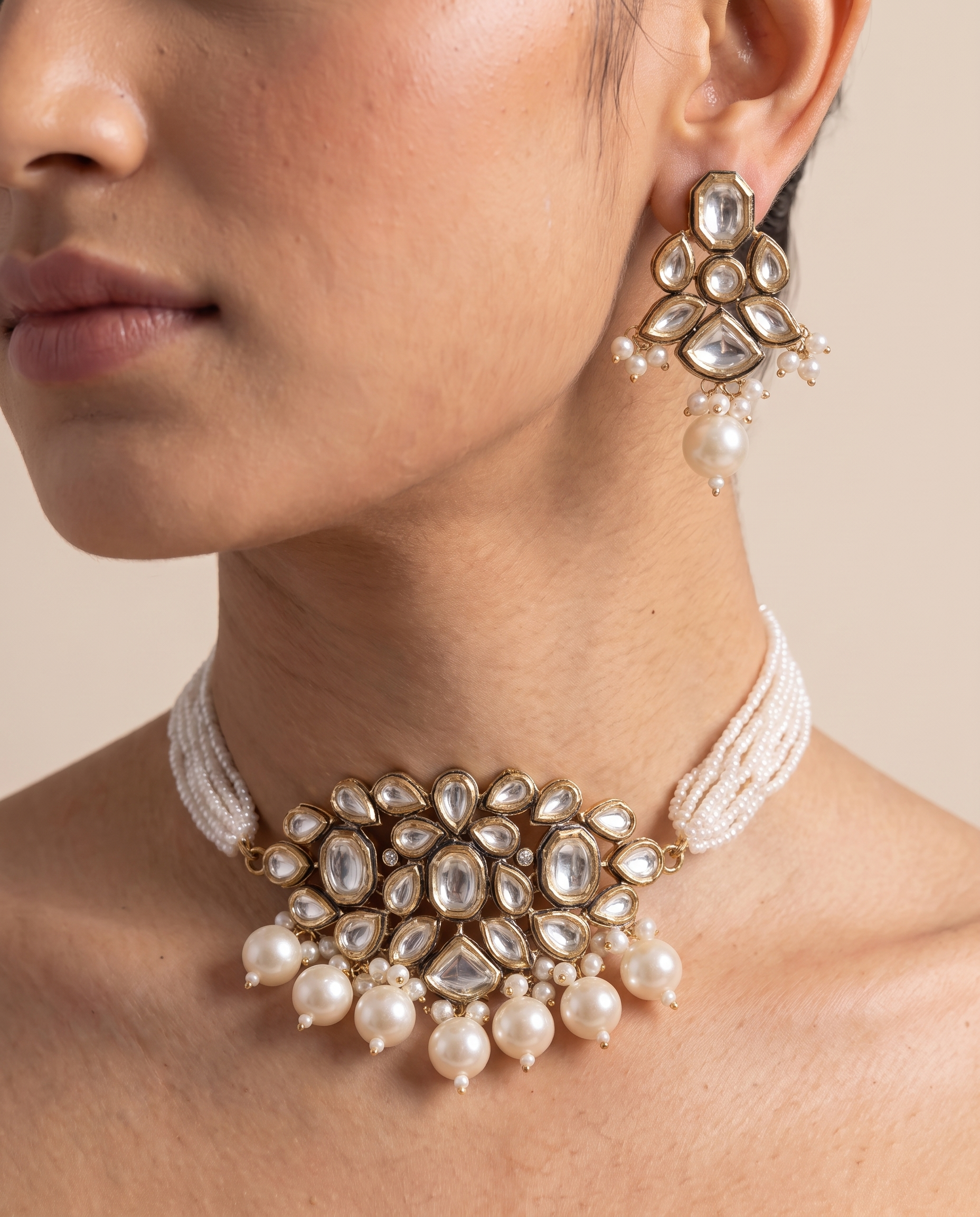 Gold-Plated Handcrafted Kundan & White Pearls Choker