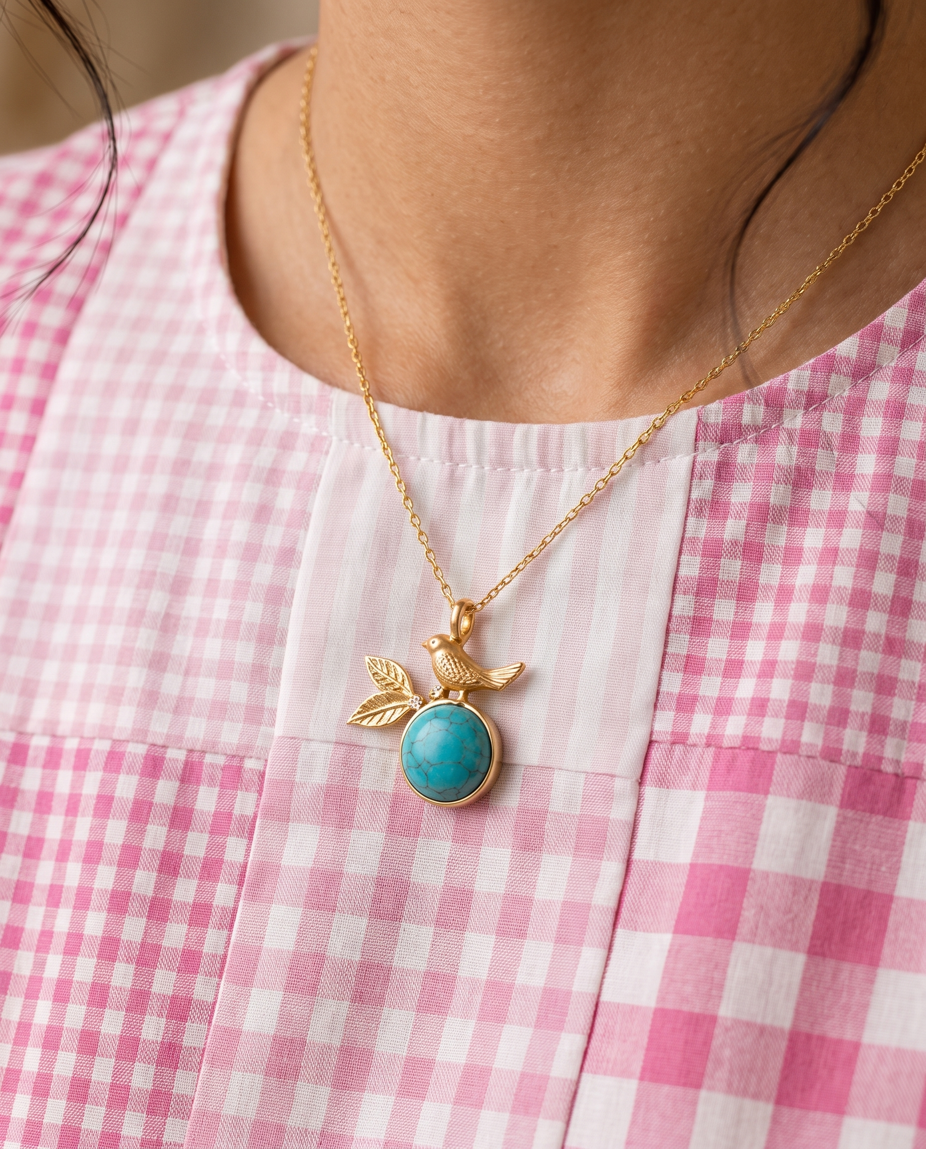 Vintage Bird Pendant with Turquoise Stone on Alloy-Copper Chain.
