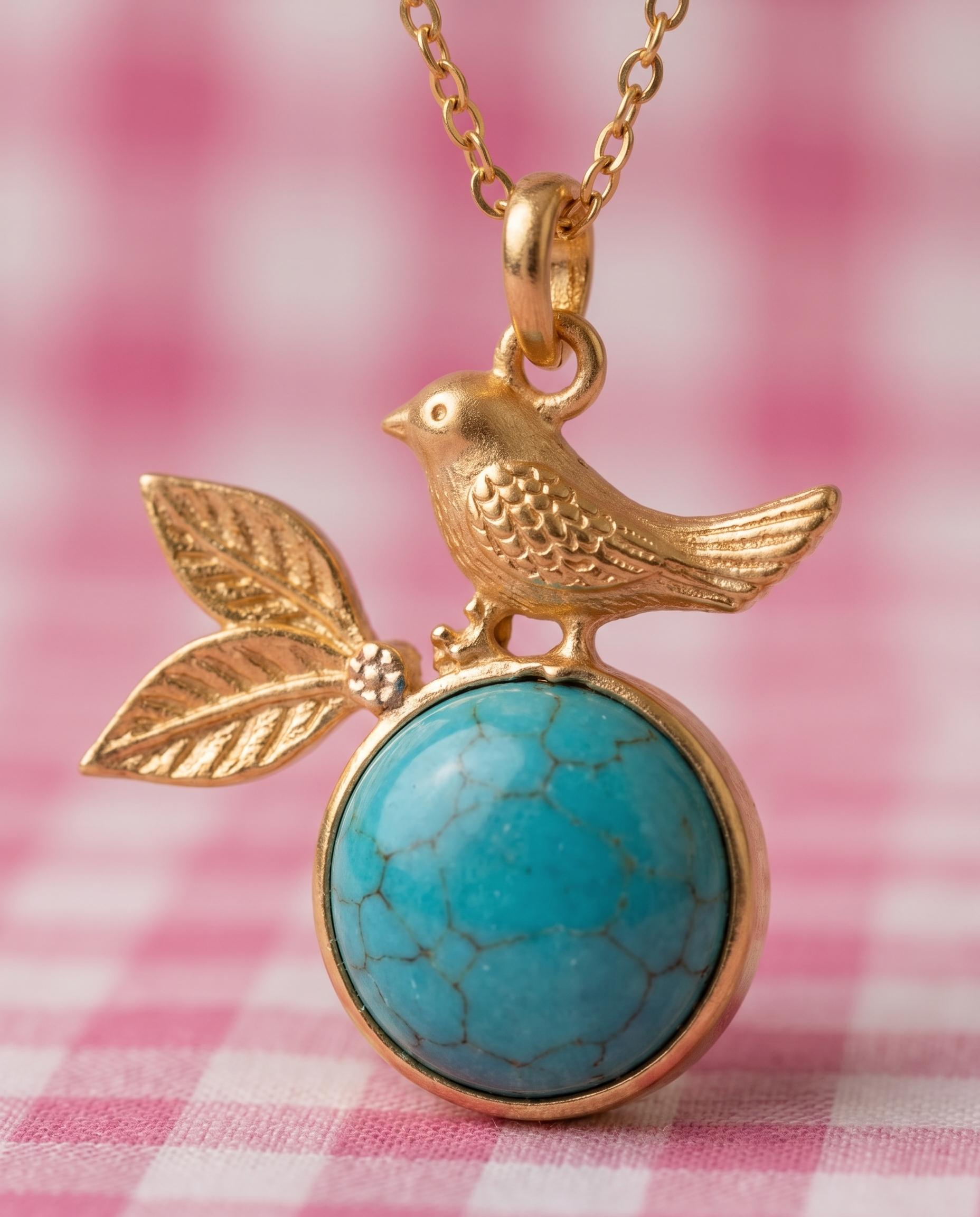 Vintage Bird Pendant with Turquoise Stone on Alloy-Copper Chain.
