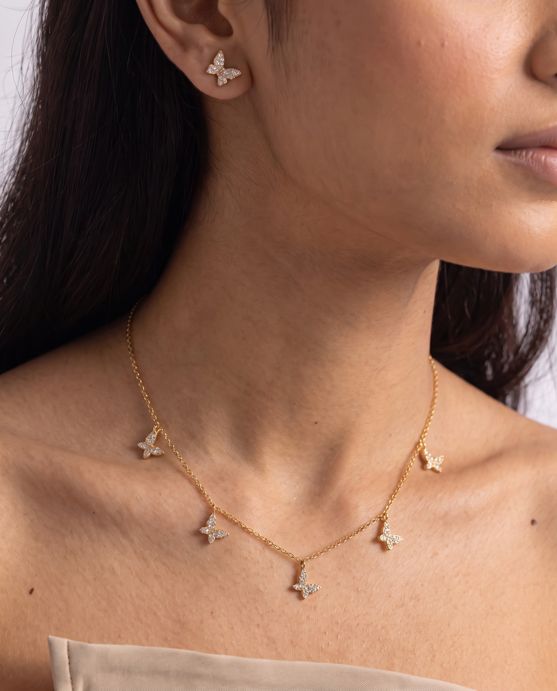 Gold-Plated Butterfly Charm Necklace and Stud Earrings Set for Women  CZ American Diamond Studded Delicate Chain, Daily Party Wear Fashion Jewellery