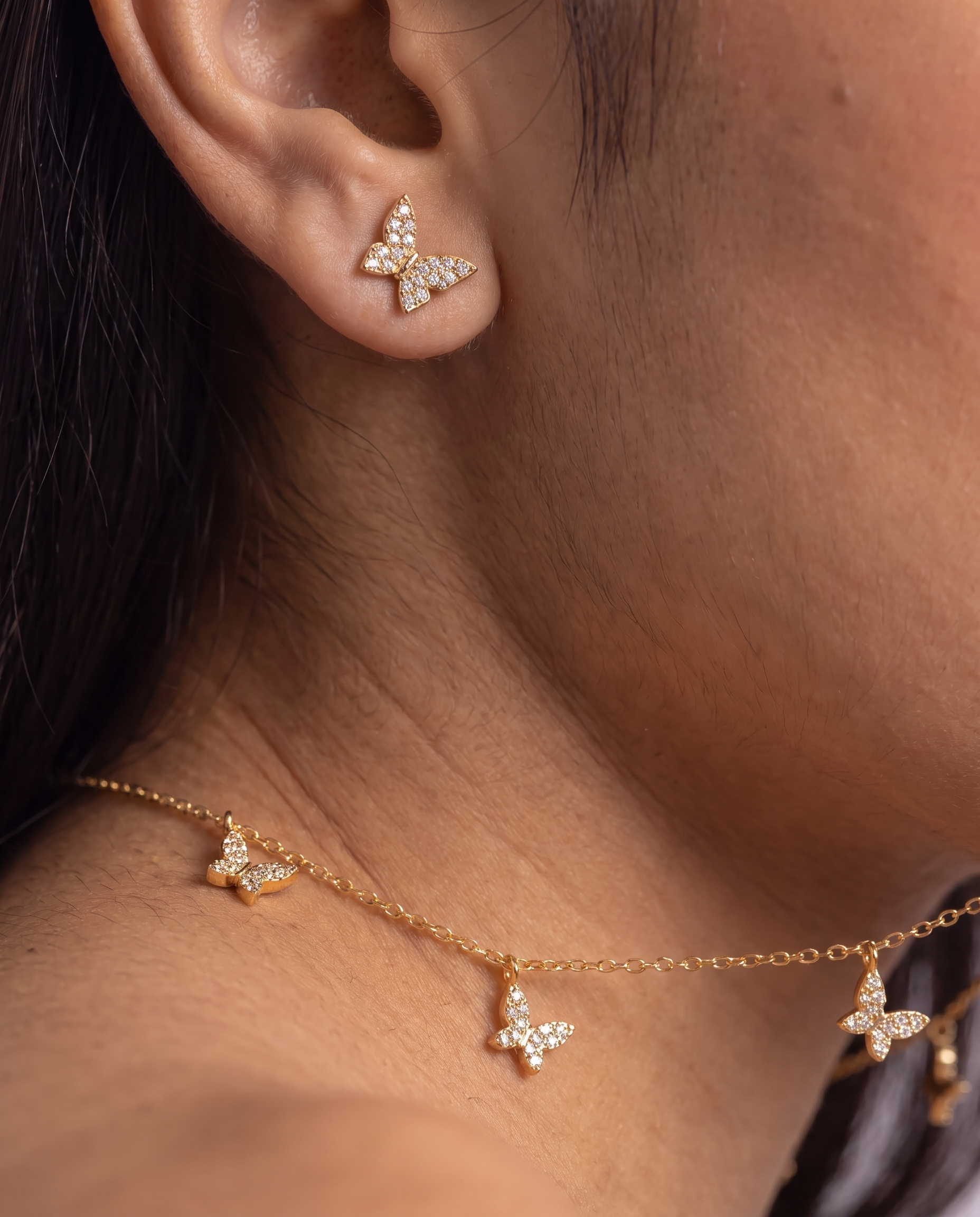 Gold-Plated Butterfly Charm Necklace and Stud Earrings Set for Women  CZ American Diamond Studded Delicate Chain, Daily Party Wear Fashion Jewellery