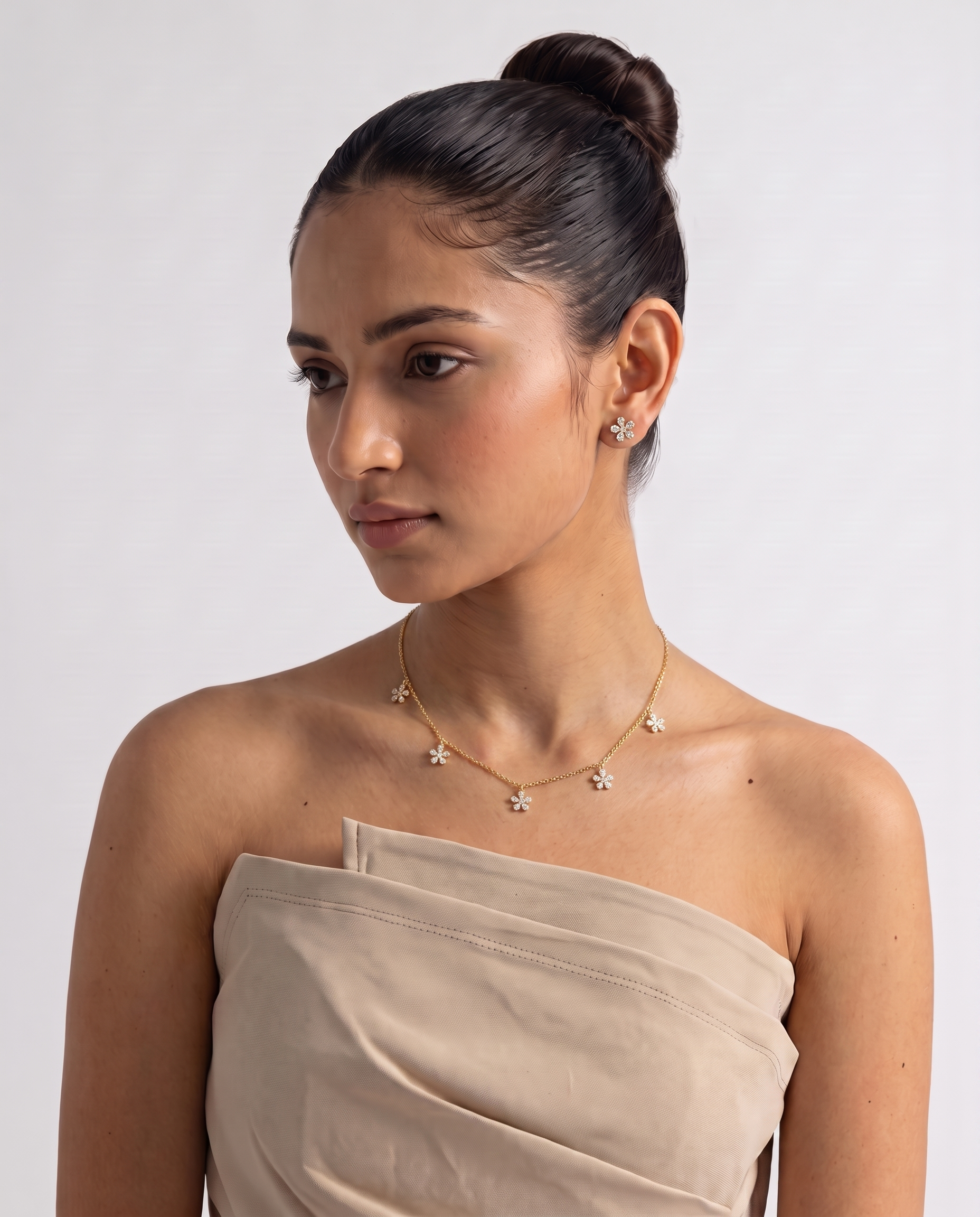 Gold-Toned Floral American Diamond Necklace & Stud Earrings Set