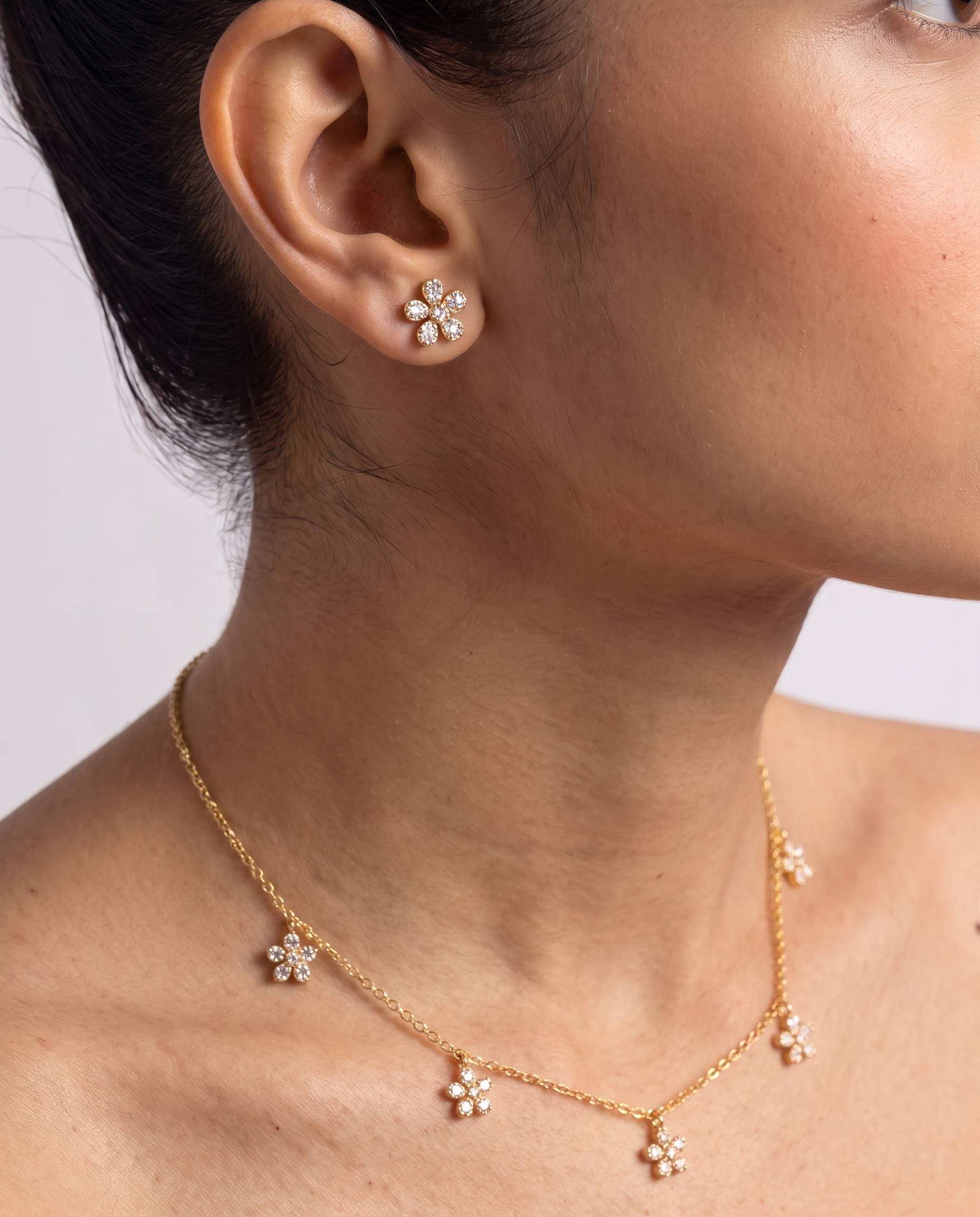 Gold-Toned Floral American Diamond Necklace & Stud Earrings Set