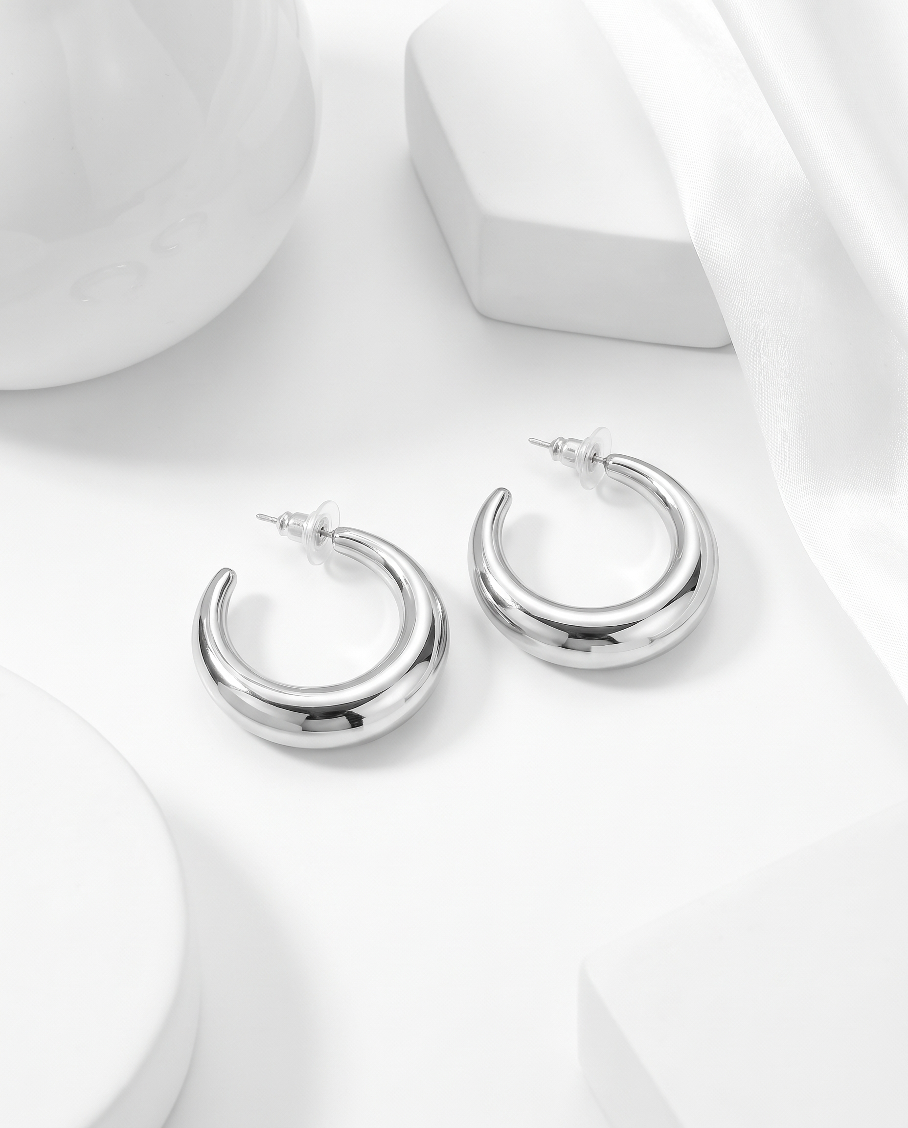 Silver-Plated Chunky Big Hoop Bali Earrings for Women Tapered Dome Design, Large Statement Hoops, Daily Party Wear Fashion Jewellery