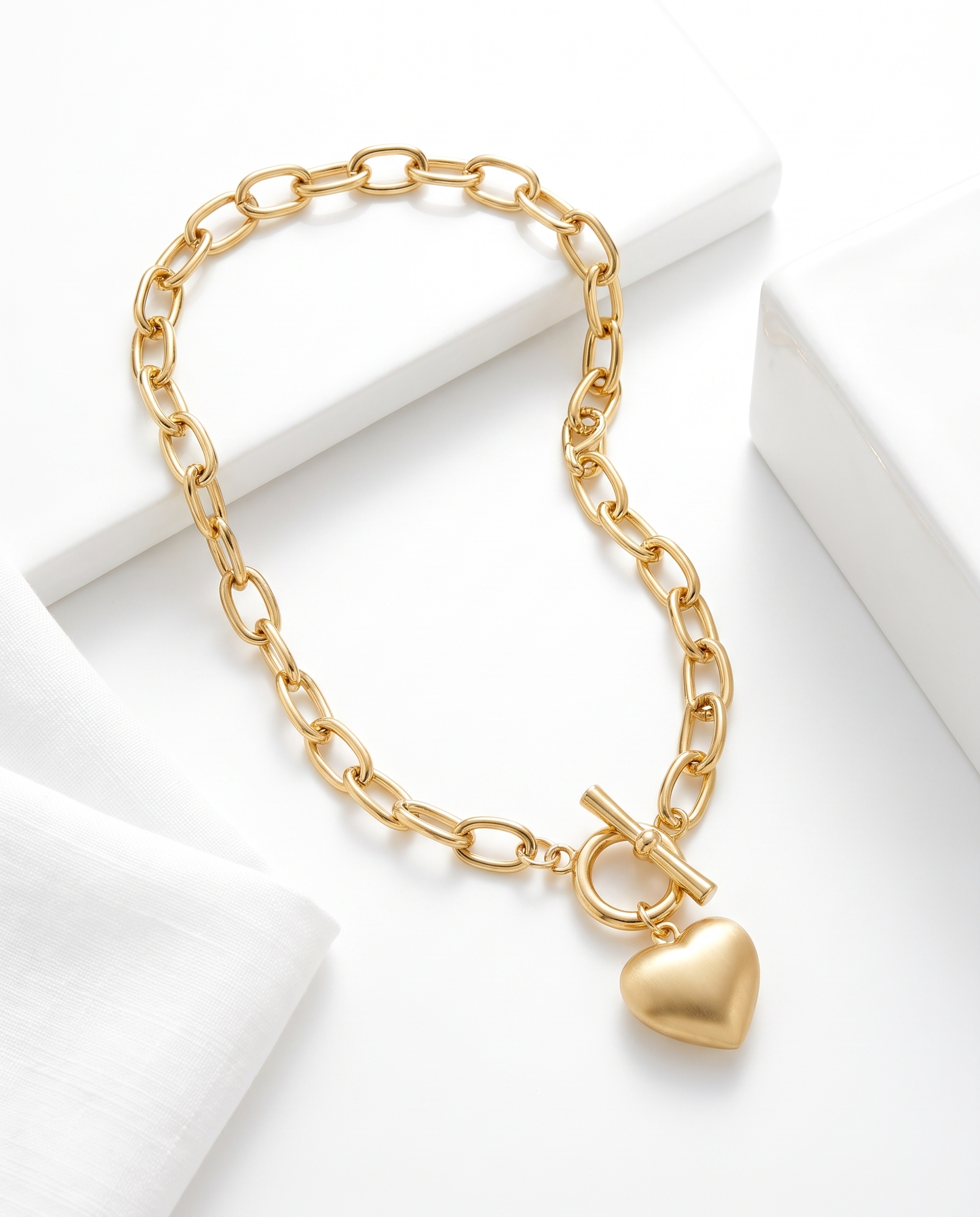 Gold-Plated Heart Pendant Paperclip Chain Necklace for Women  Puffed Heart Charm with Toggle Bar Clasp, Daily Party Wear Fashion Jewellery