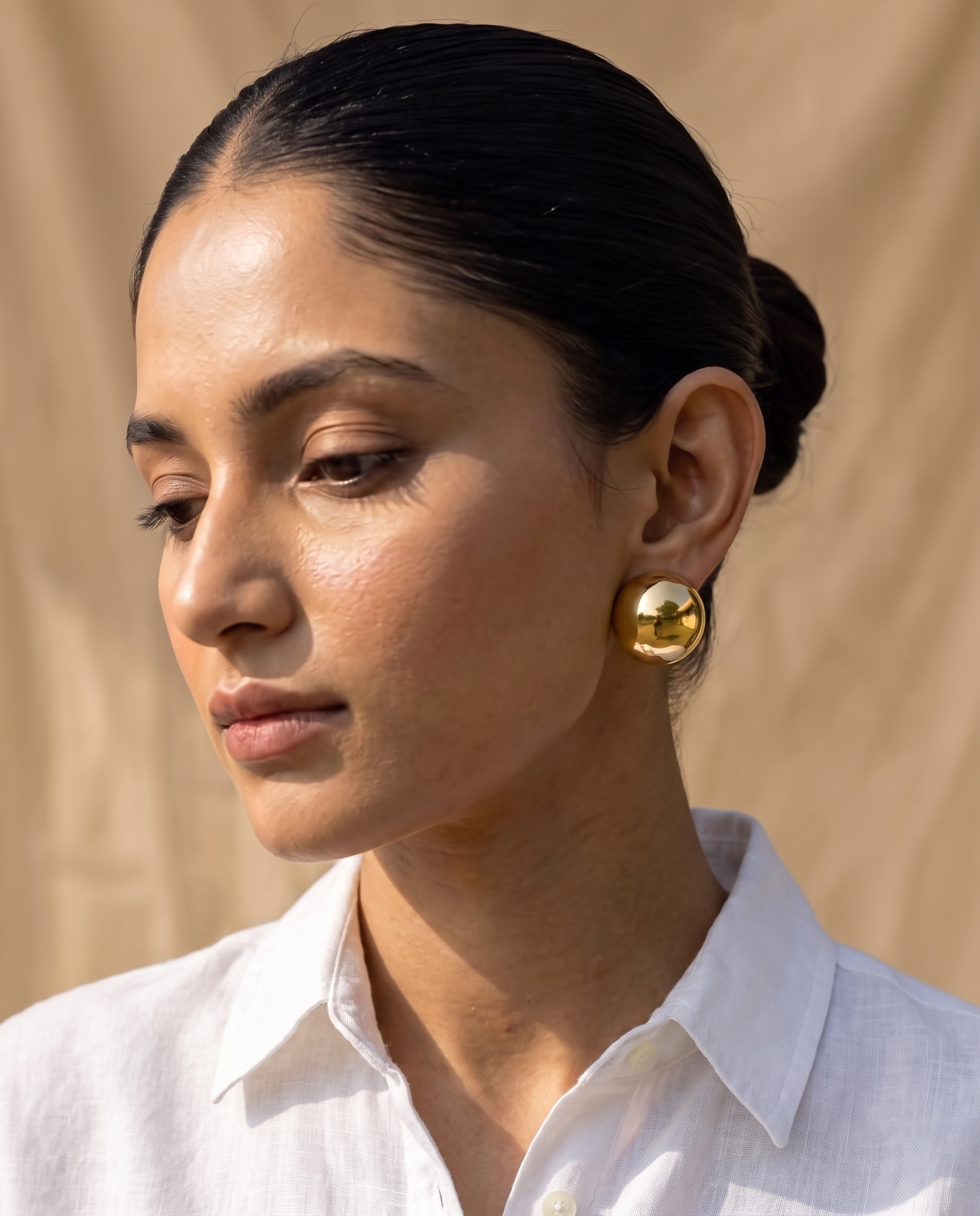 Gold-Plated Round Dome Stud Earrings for Women Big Half Ball Studs, High Shine Minimalist Party Daily Wear Fashion Jewellery