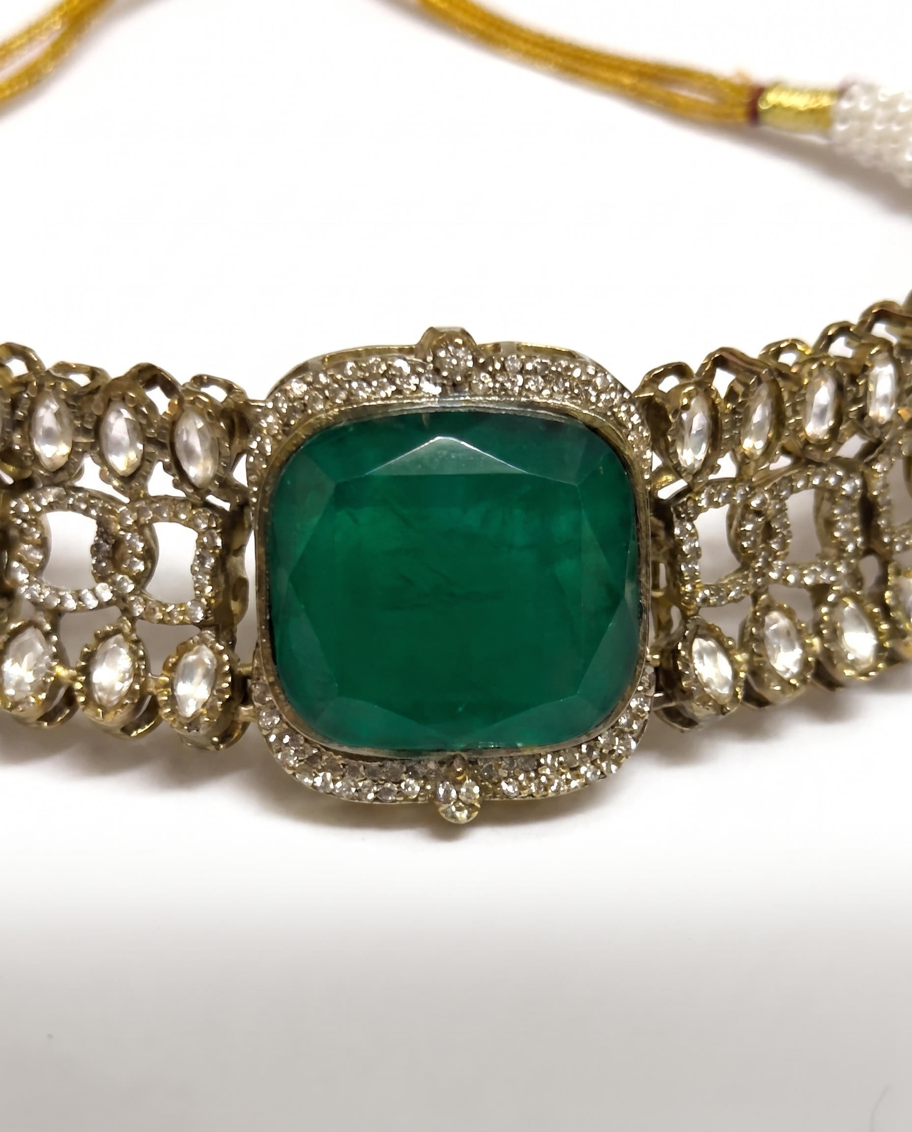 Gold & Diamond Choker Necklace Set with Green Gemstone
