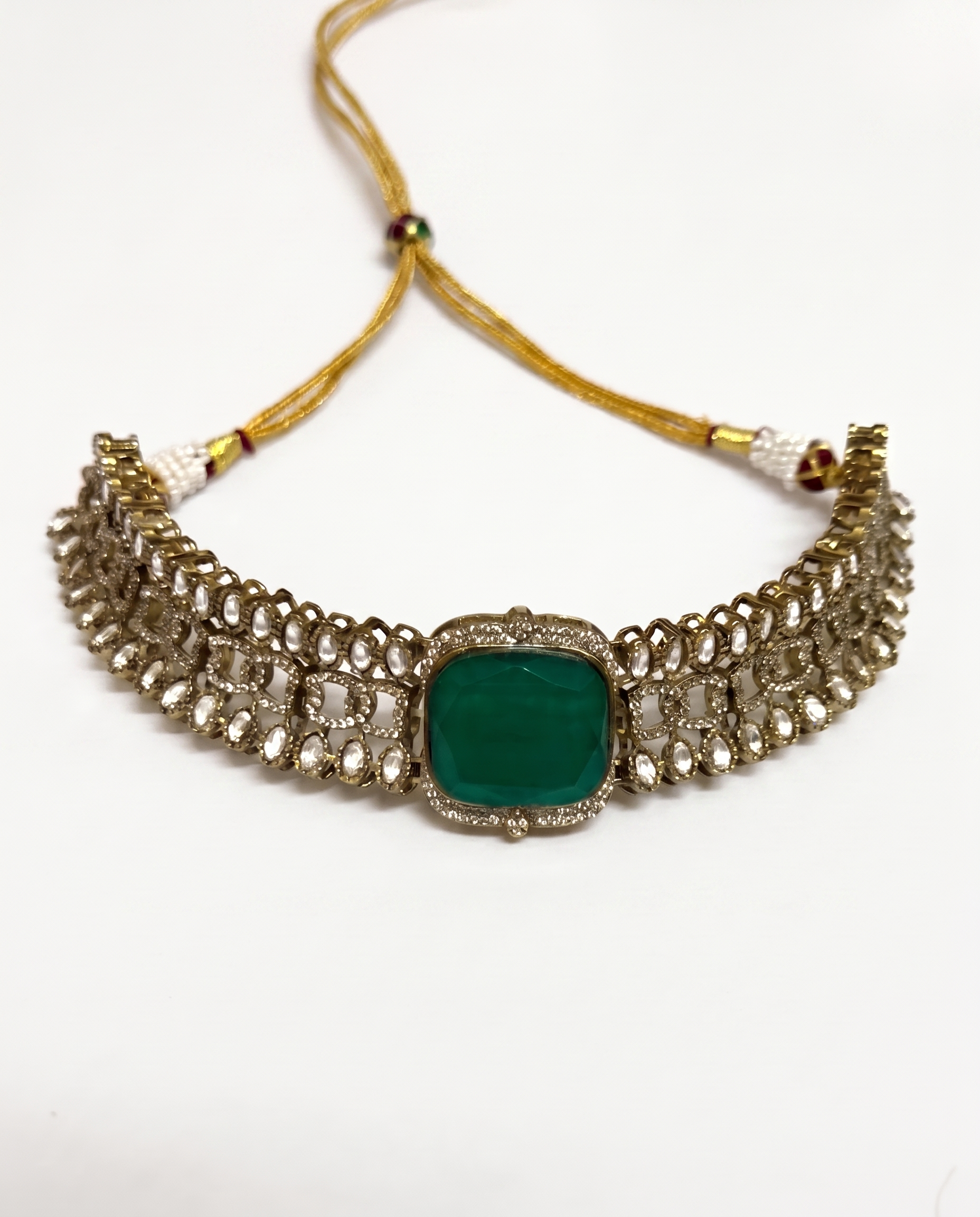 Gold & Diamond Choker Necklace Set with Green Gemstone