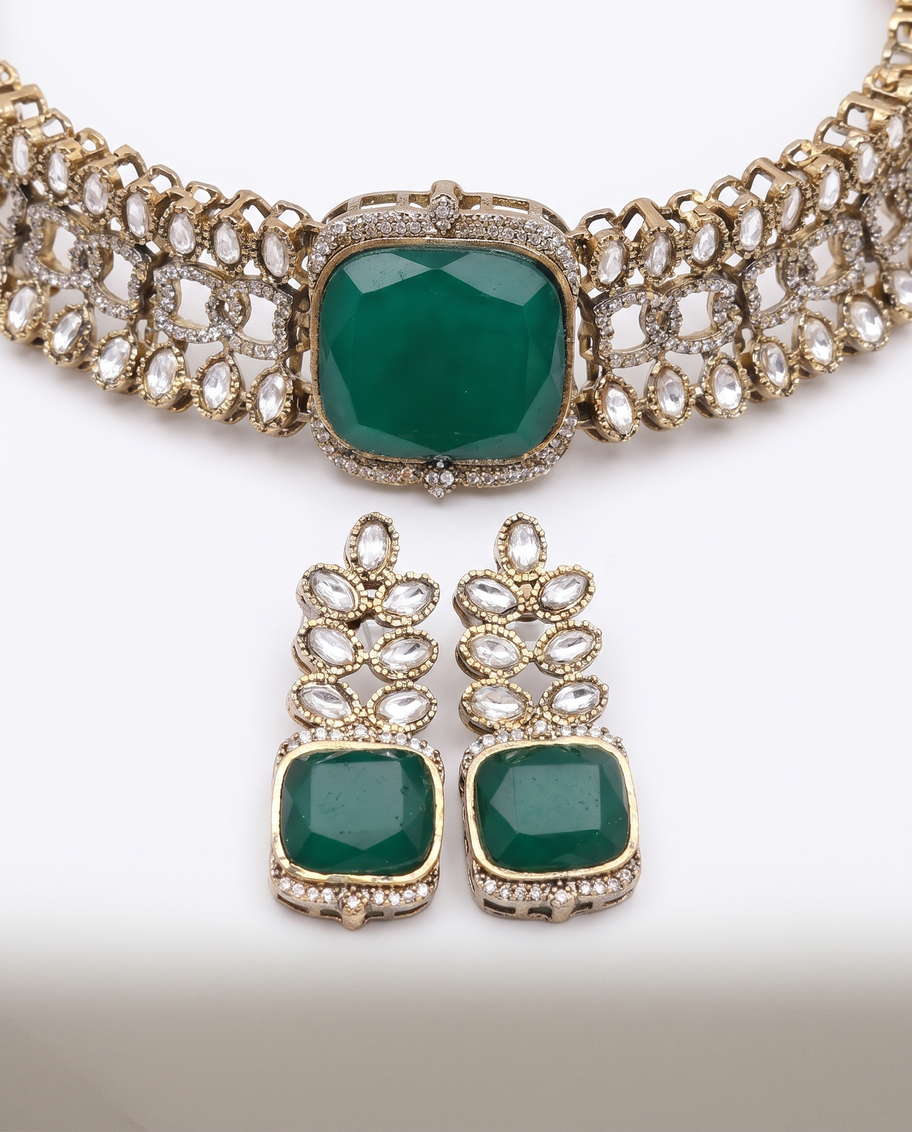 Gold & Diamond Choker Necklace Set with Green Gemstone
