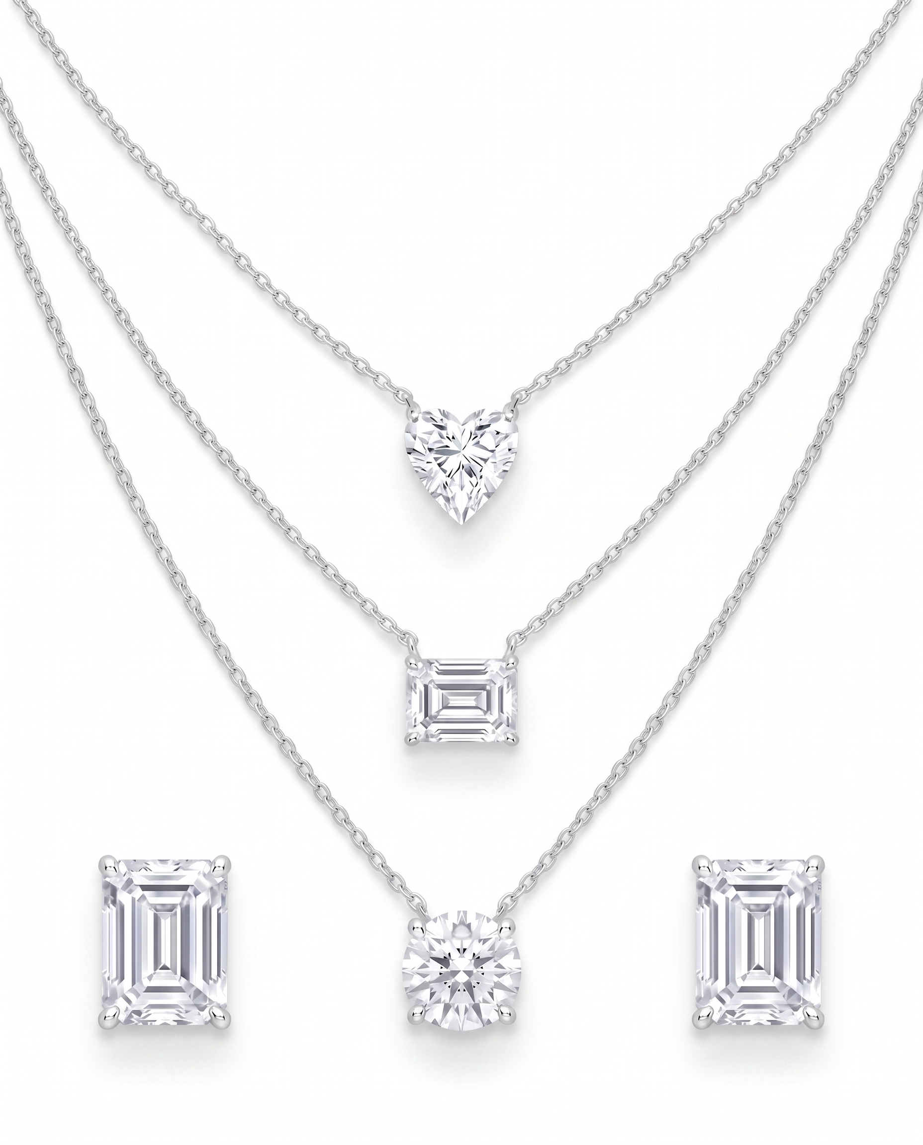 Triple Layer Diamond Solitaire Necklace Set | Heart, Emerald &amp; Round Cut Pendant Necklace with Matching Stud Earrings