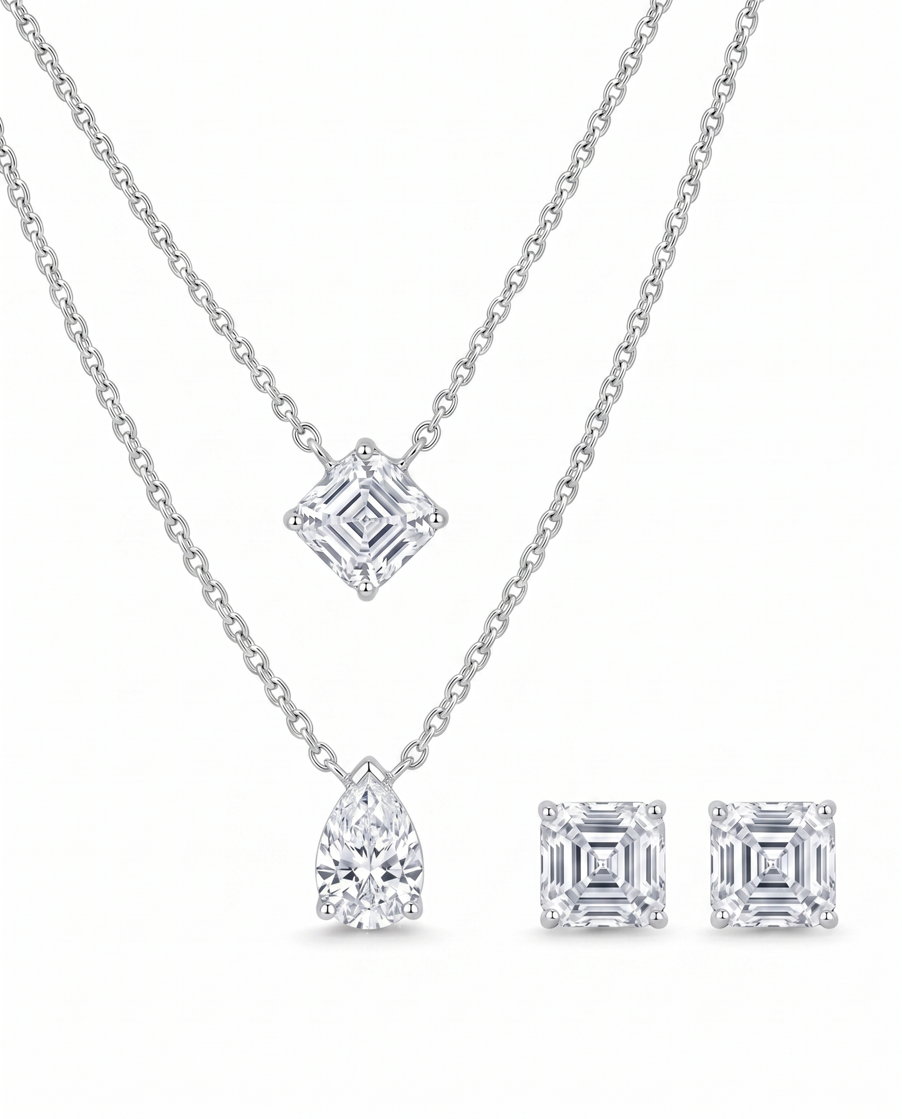 Layered Double Chain Necklace with Emerald-Cut &amp; Pear-Cut Diamond Pendants | Dual Strand Solitaire Necklace
