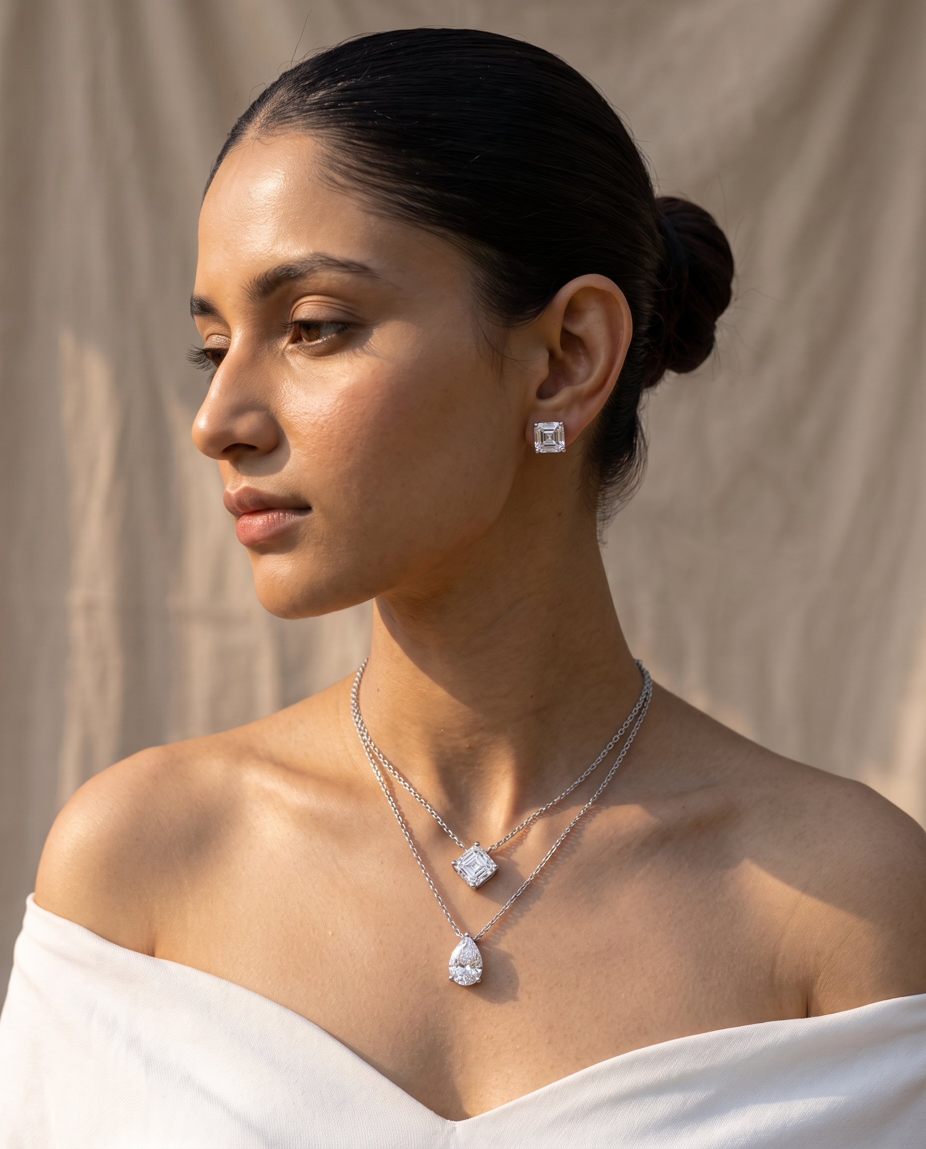 Layered Double Chain Necklace with Emerald-Cut &amp; Pear-Cut Diamond Pendants | Dual Strand Solitaire Necklace