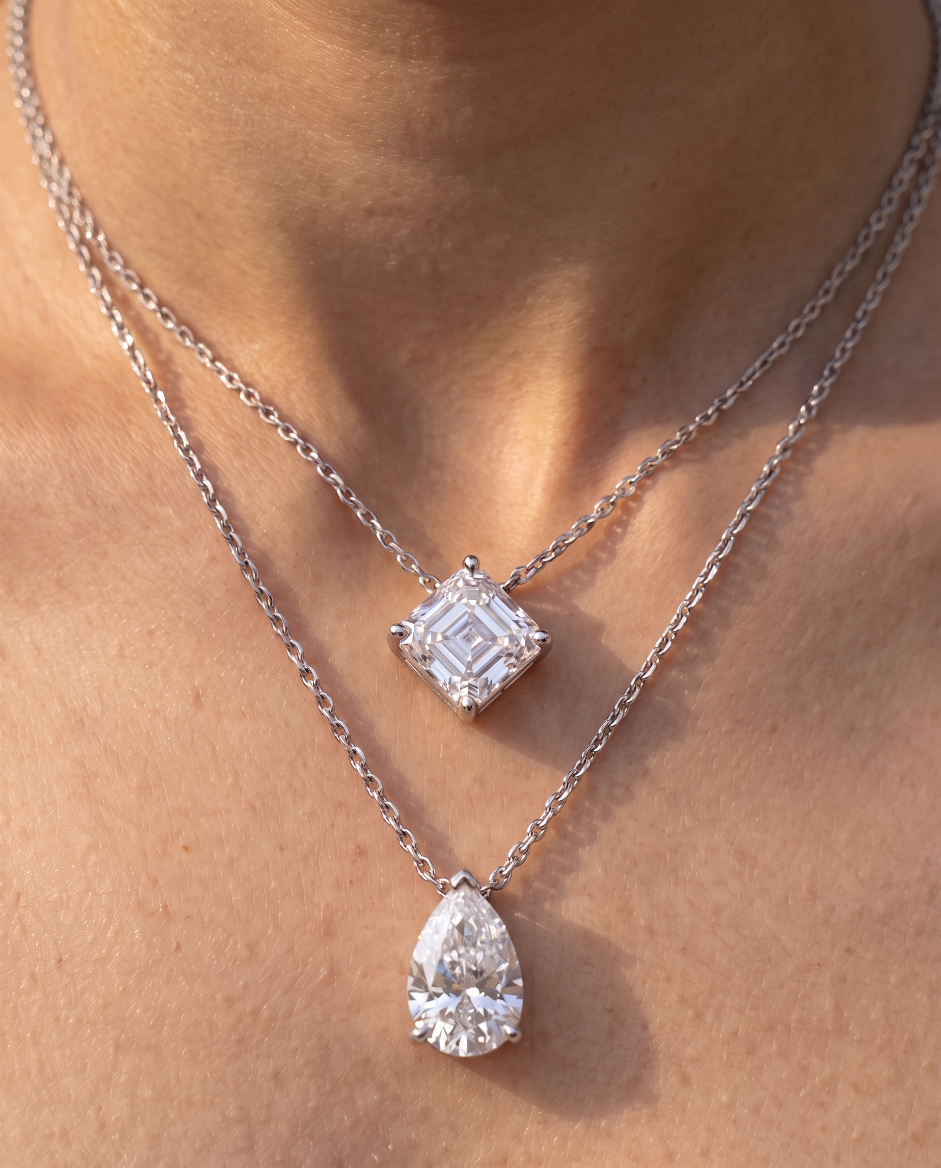 Layered Double Chain Necklace with Emerald-Cut &amp; Pear-Cut Diamond Pendants | Dual Strand Solitaire Necklace