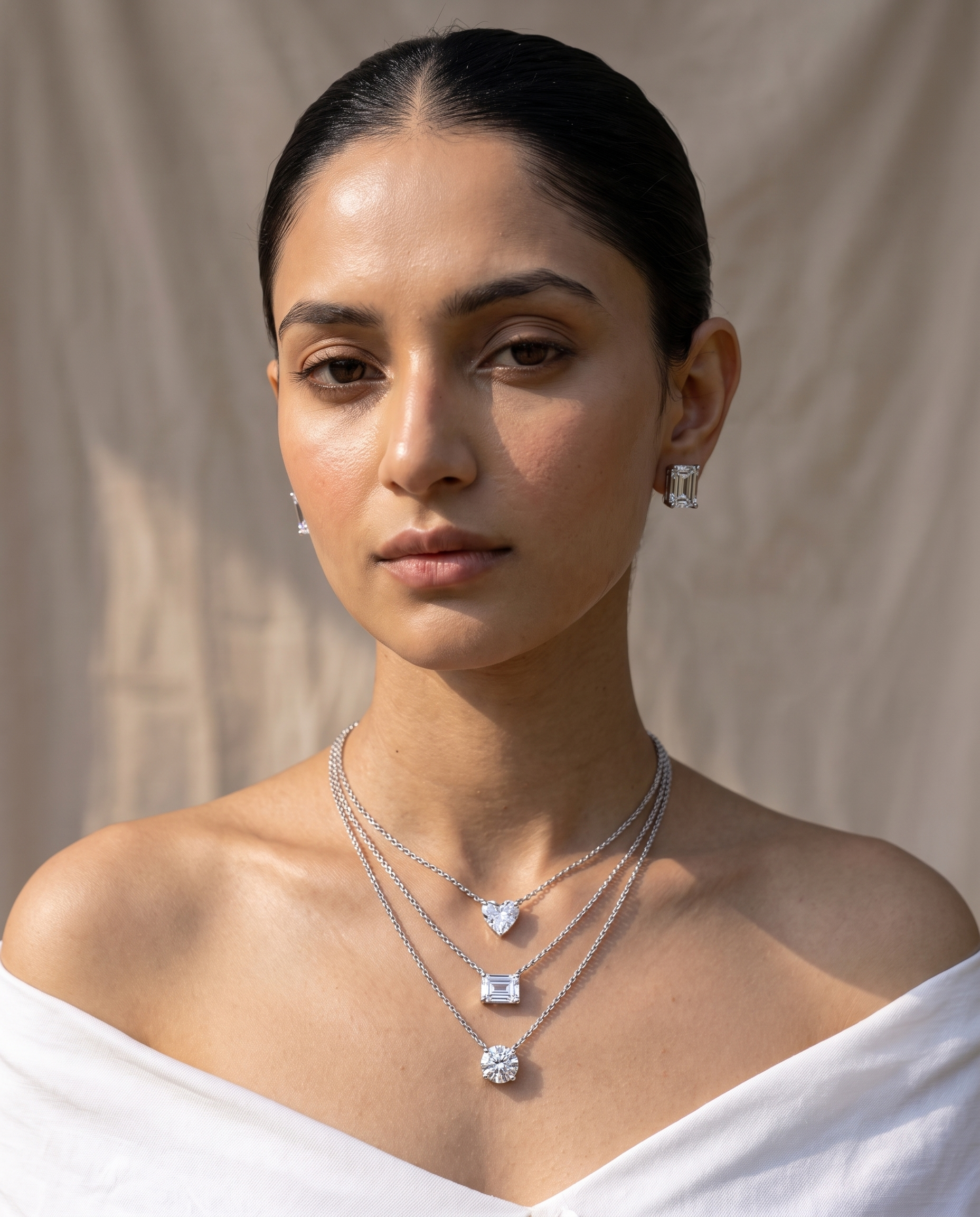 Triple Layer Diamond Solitaire Necklace Set | Heart, Emerald &amp; Round Cut Pendant Necklace with Matching Stud Earrings
