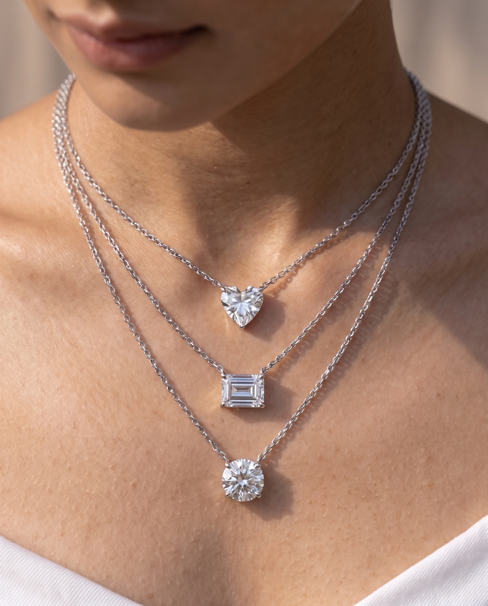 Triple Layer Diamond Solitaire Necklace Set | Heart, Emerald &amp; Round Cut Pendant Necklace with Matching Stud Earrings