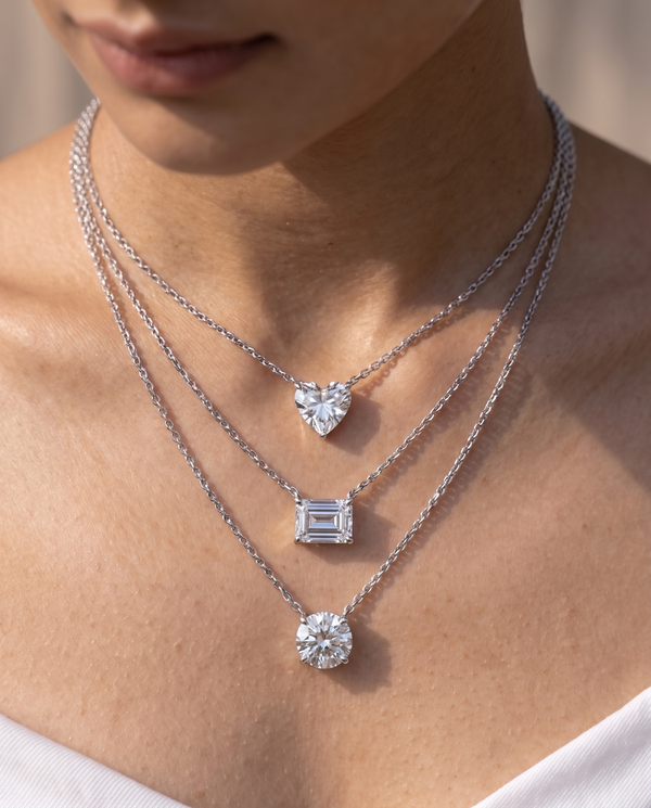 Triple Layer Diamond Solitaire Necklace Set | Heart, Emerald &amp; Round Cut Pendant Necklace with Matching Stud Earrings