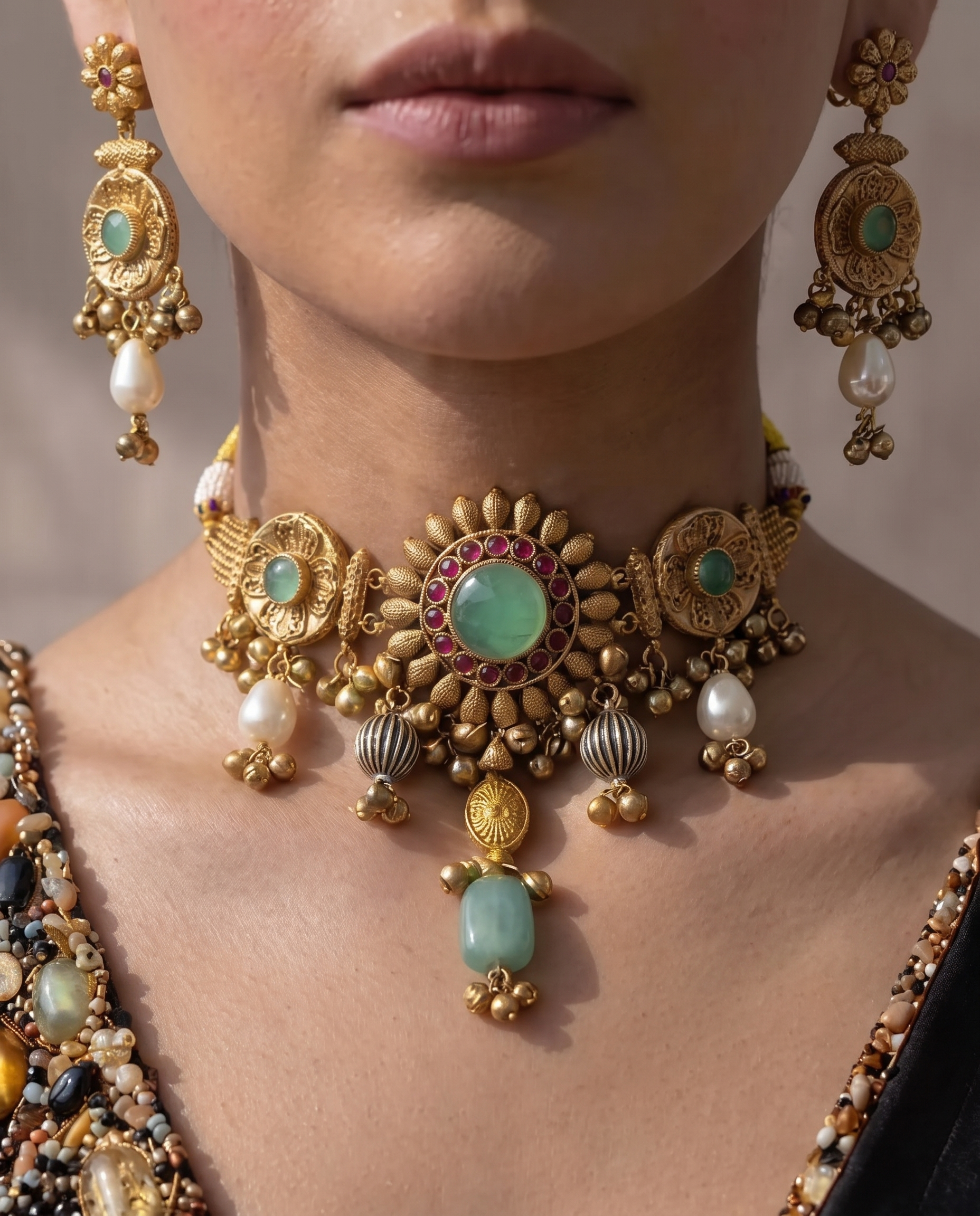Gold & Kundan Necklace Set with Green Gemstone Accents
