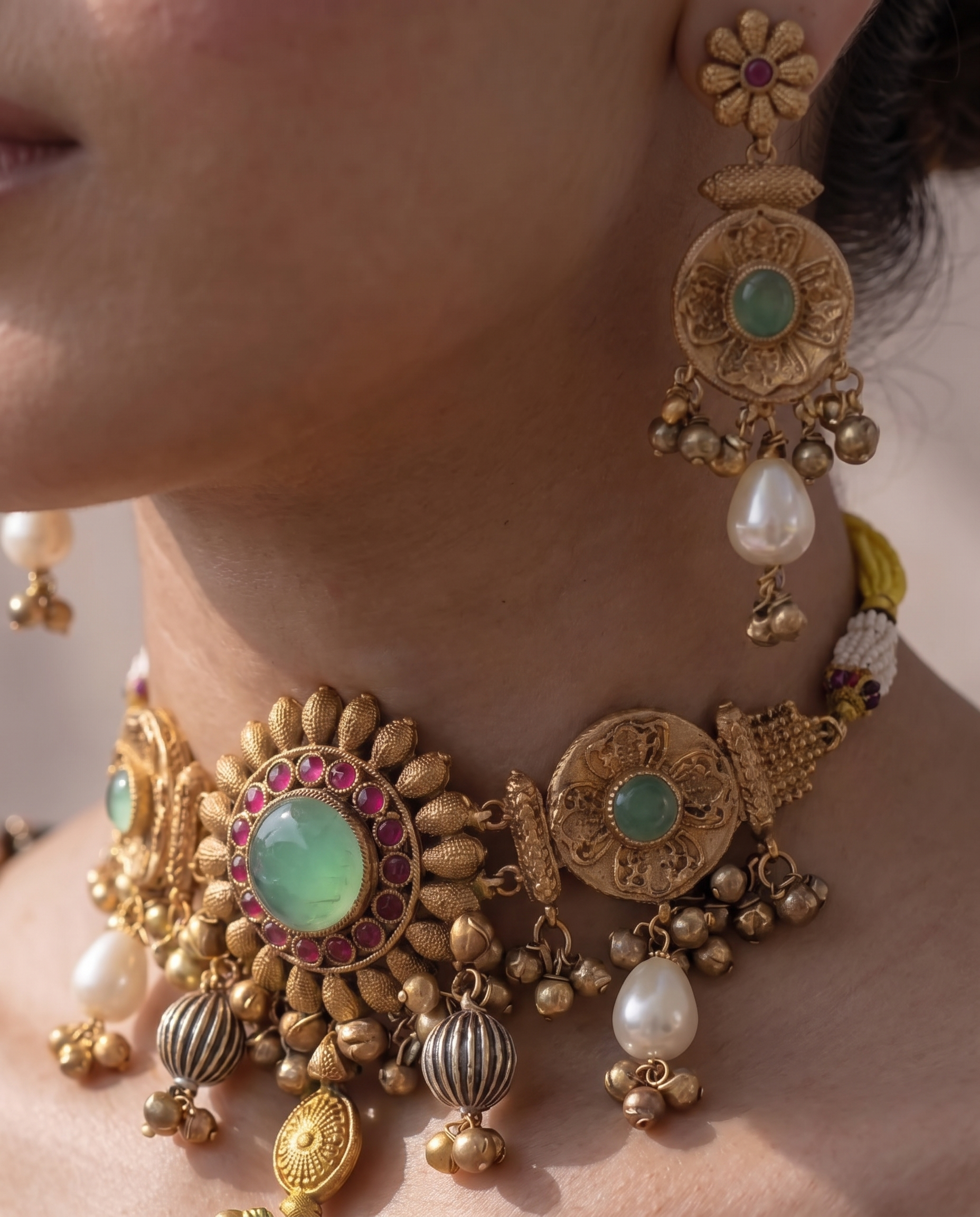 Gold & Kundan Necklace Set with Green Gemstone Accents