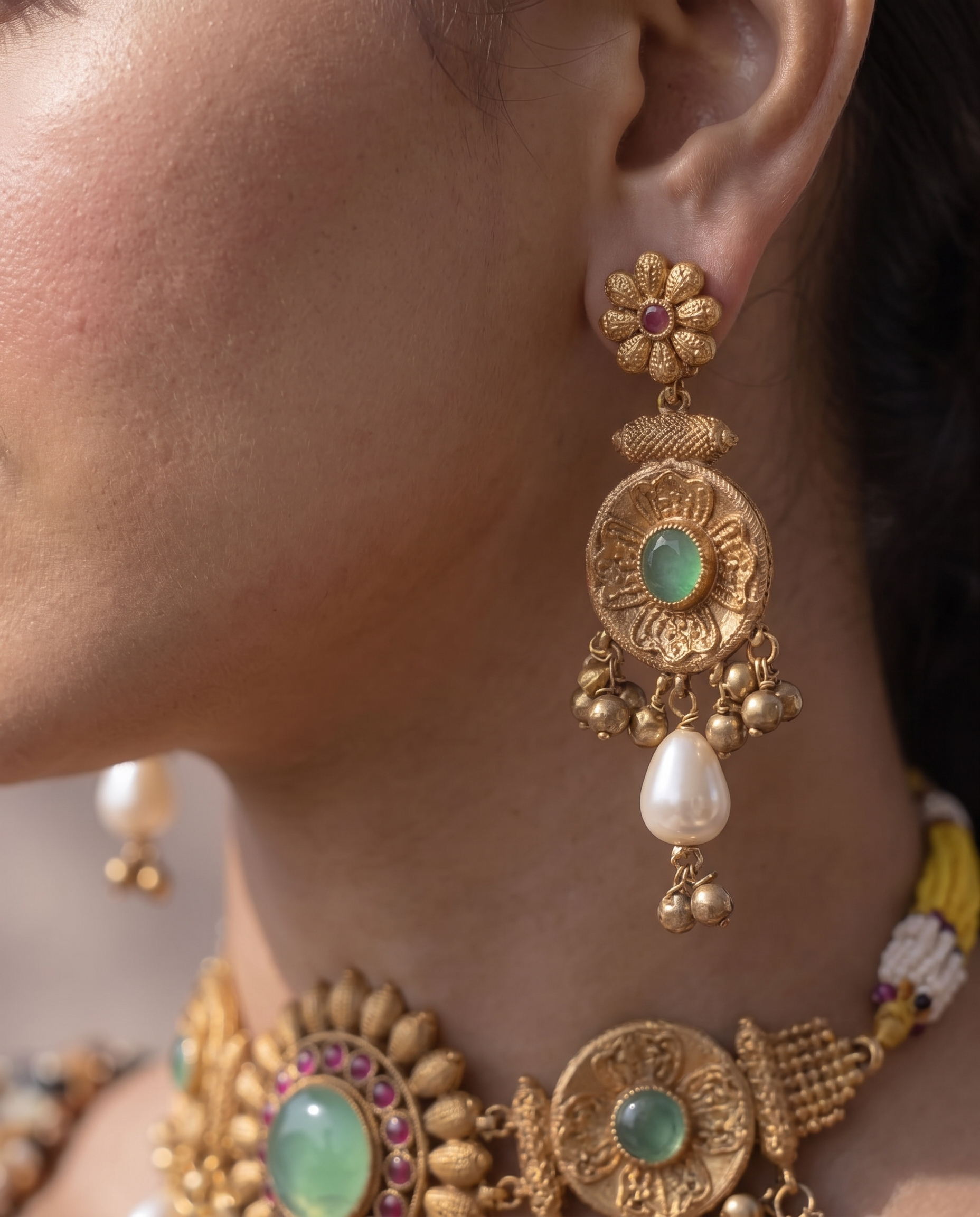 Gold & Kundan Necklace Set with Green Gemstone Accents