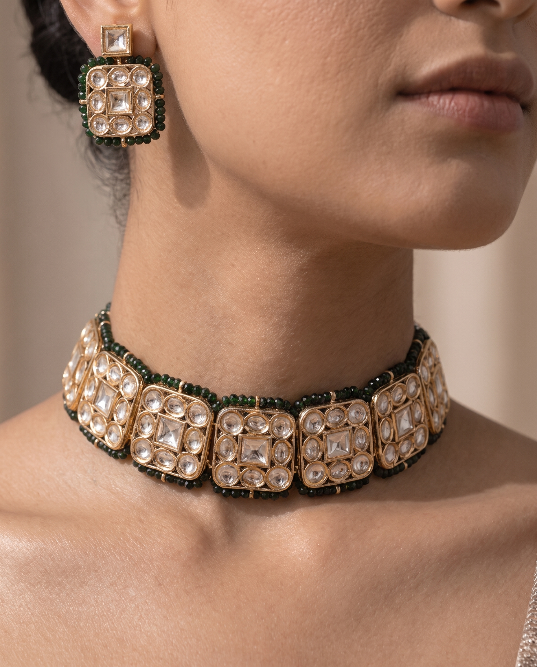 Gold & Kundan Choker Set with Green String Accents