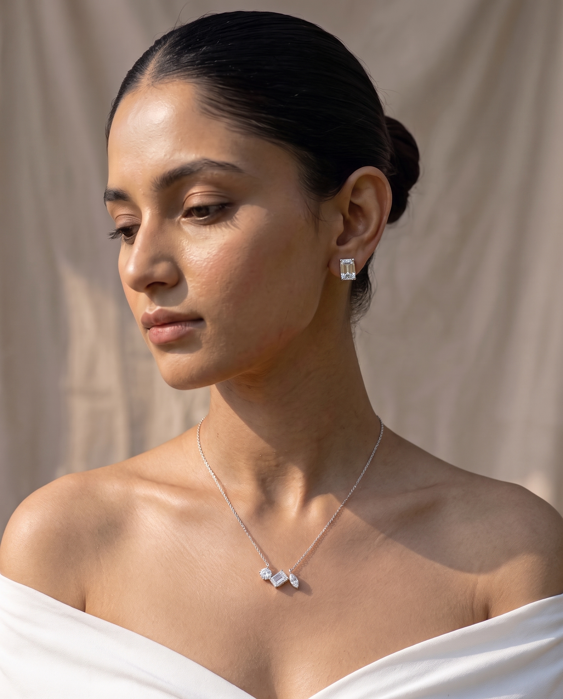 Three-Stone Mixed-Cut Diamond-Style Necklace with Emerald-Cut Stud Earrings | Round, Baguette &amp; Marquise Pendant Set