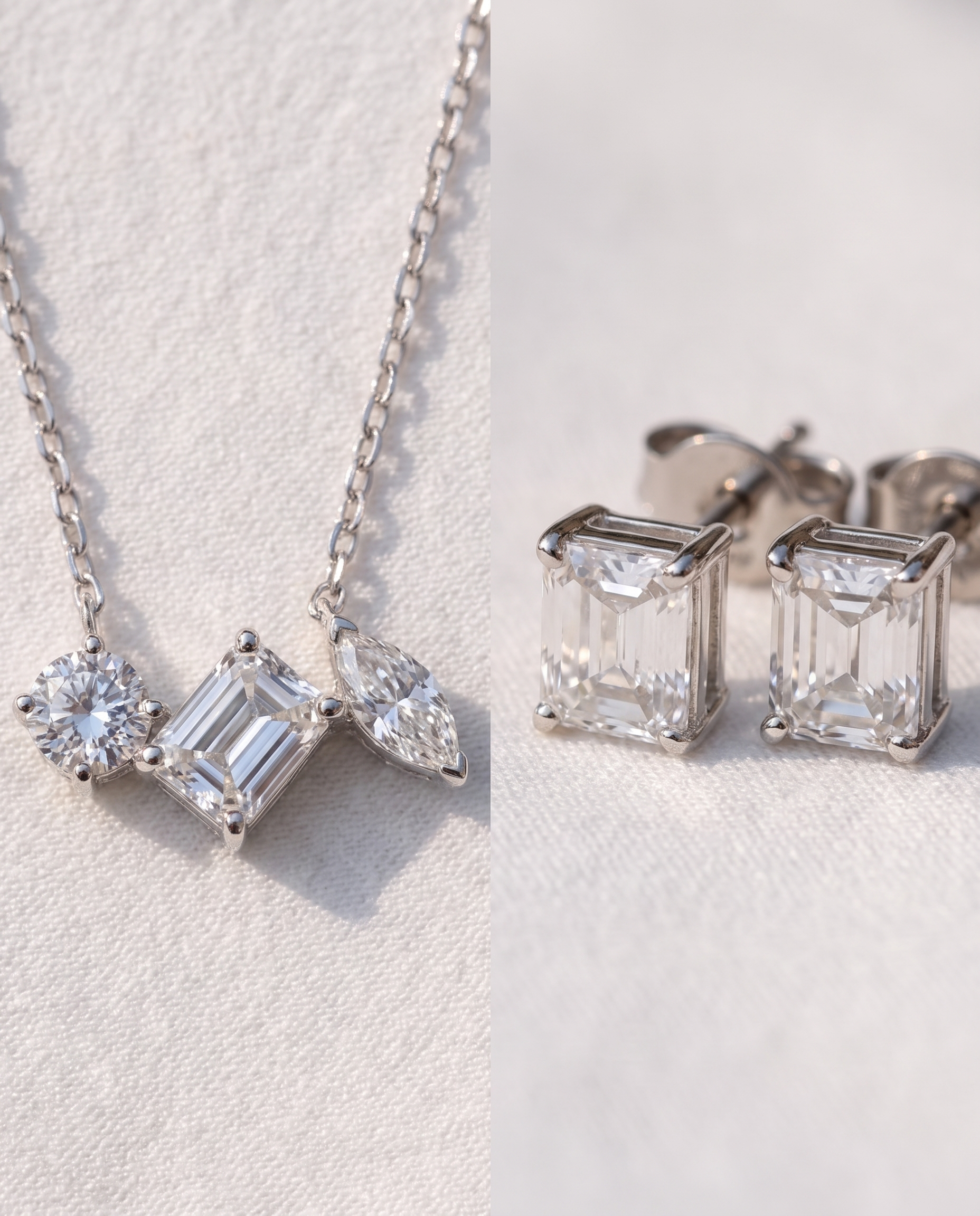 Three-Stone Mixed-Cut Diamond-Style Necklace with Emerald-Cut Stud Earrings | Round, Baguette &amp; Marquise Pendant Set