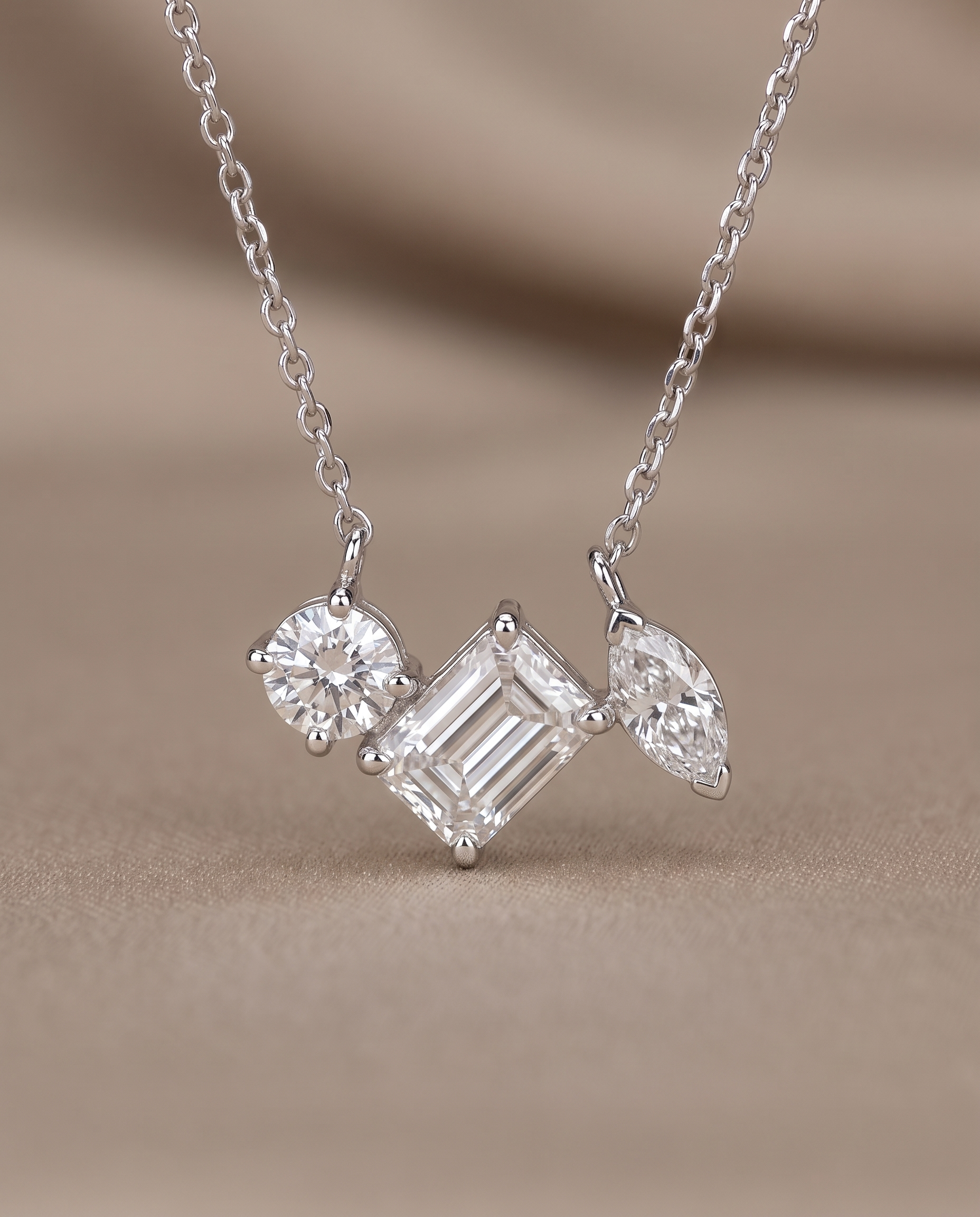 Three-Stone Mixed-Cut Diamond-Style Necklace with Emerald-Cut Stud Earrings | Round, Baguette &amp; Marquise Pendant Set