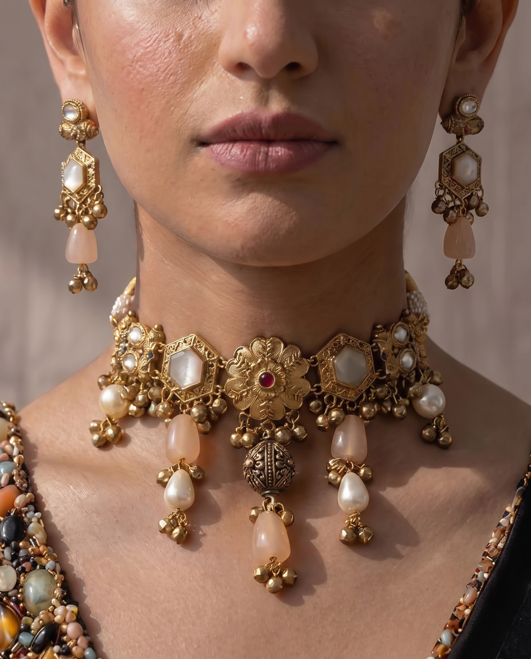 Gold Kundan Choker Necklace Set with Peach Stones & Pearls