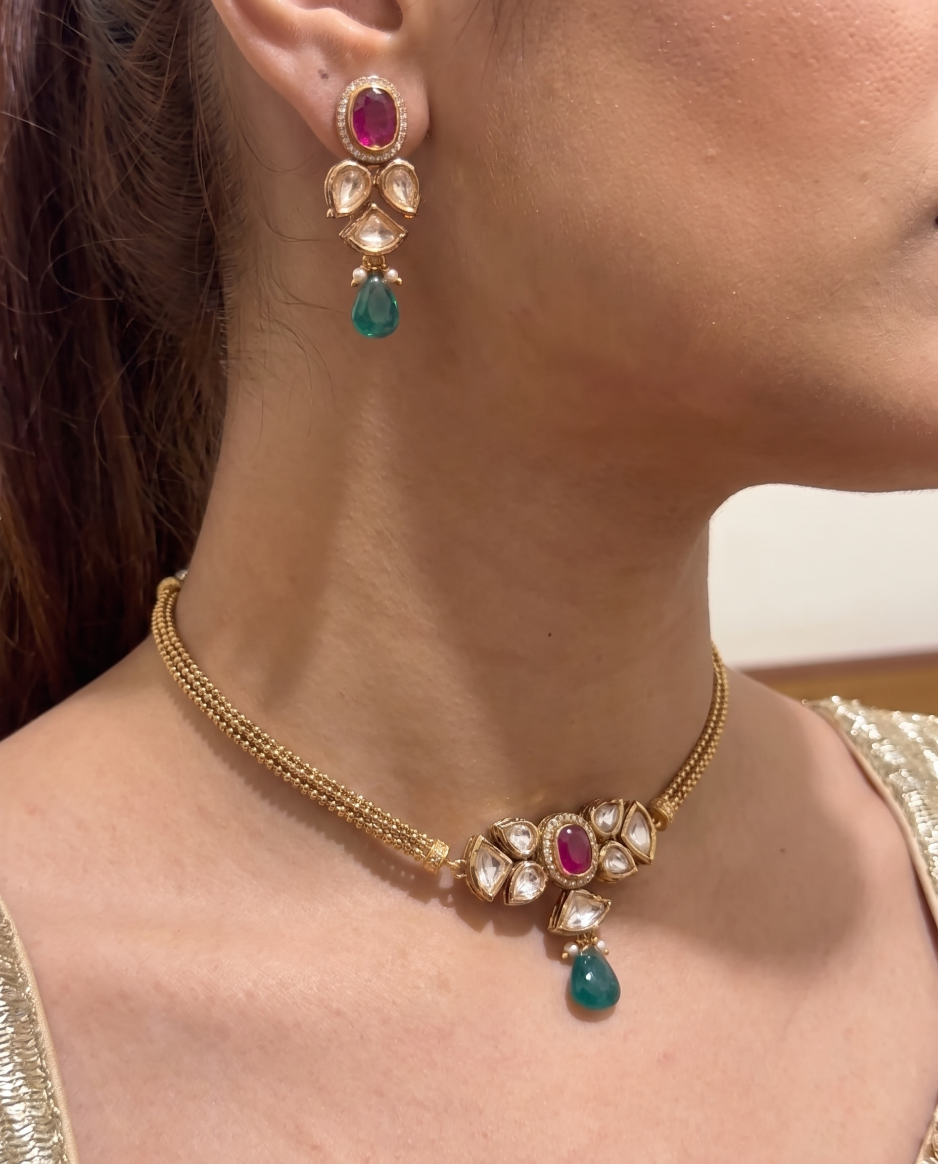 Elegant Kundan necklace Set with Ruby and Emerald Accents