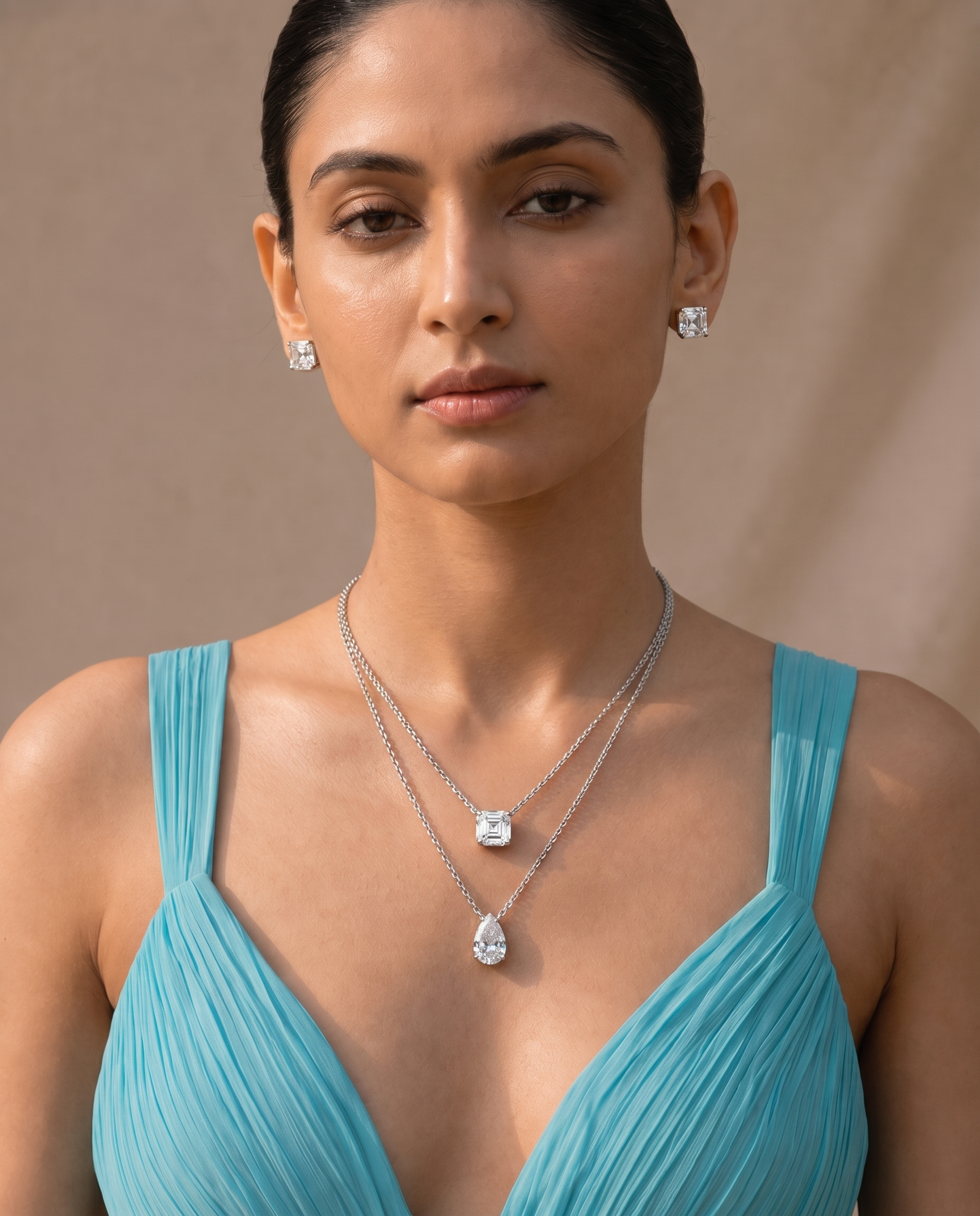 Layered Double Chain Necklace with Emerald-Cut &amp; Pear-Cut Diamond Pendants | Dual Strand Solitaire Necklace