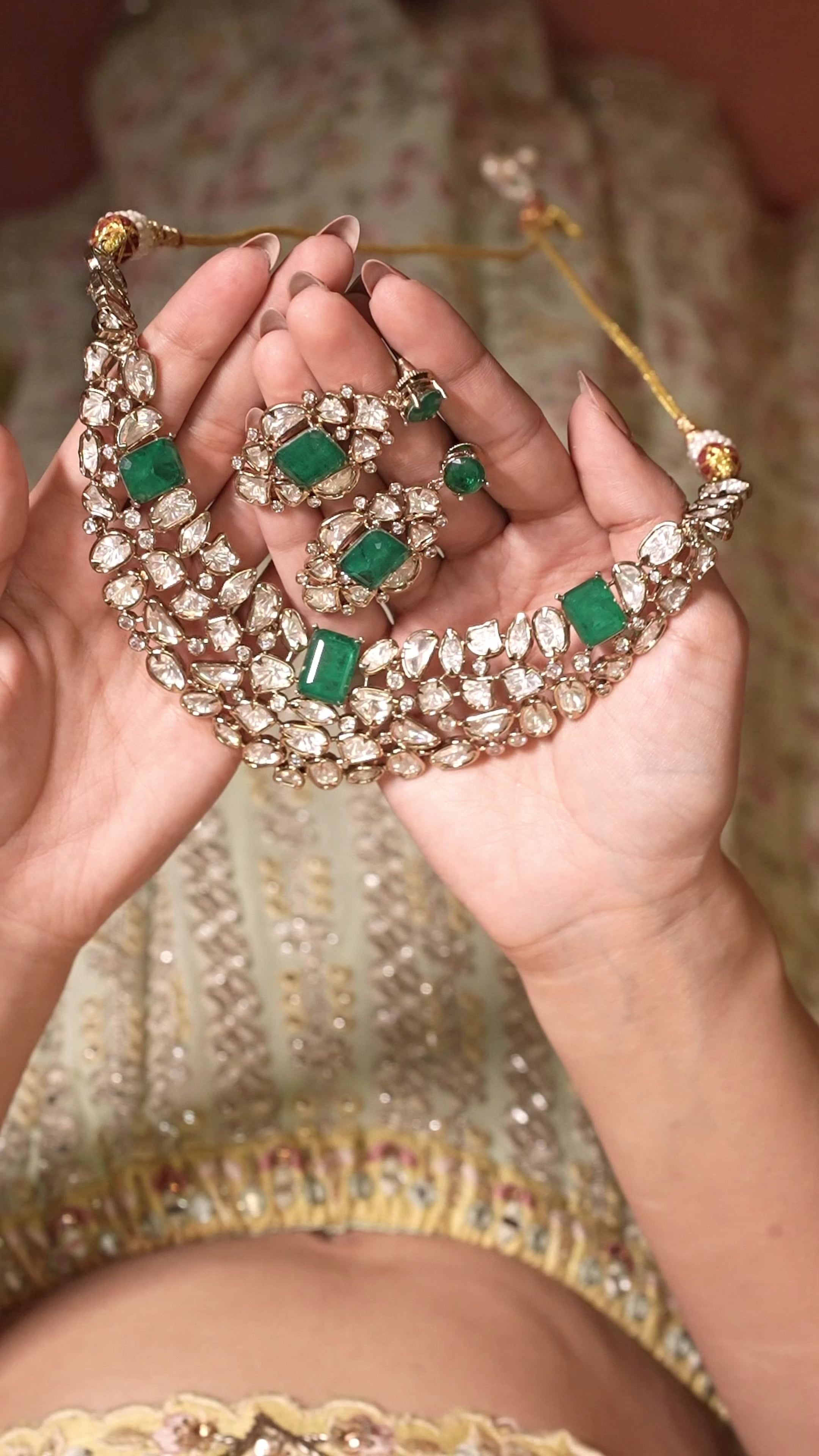 22K Mehendi Gold Plated Antique Polki Diamond Choker Necklace Set with Emerald Accents | Heritage Bridal &amp; Statement Jewellery with Matching Earrings