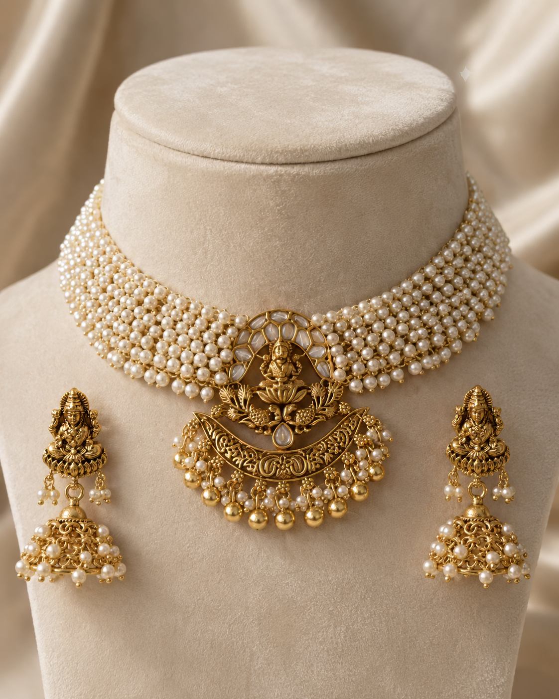 Traditional Temple Necklace Set with Pearls