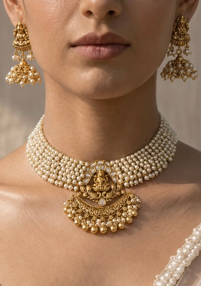 Traditional Temple Necklace Set with Pearls
