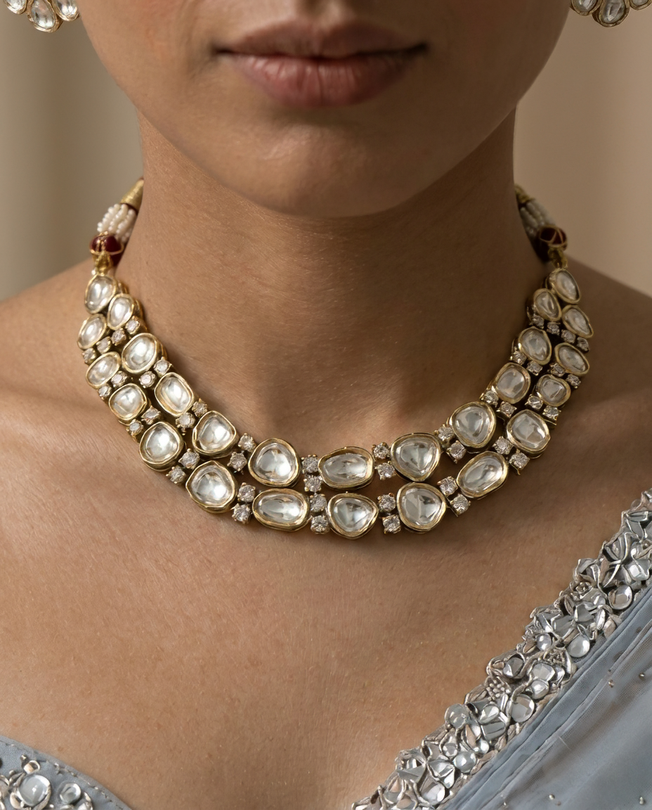 Gold Floral Earring & Double-Layer Necklace Set with Clear Gemstones