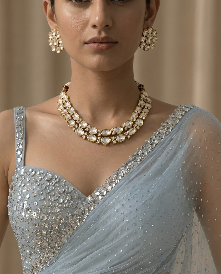 Gold Floral Earring & Double-Layer Necklace Set with Clear Gemstones