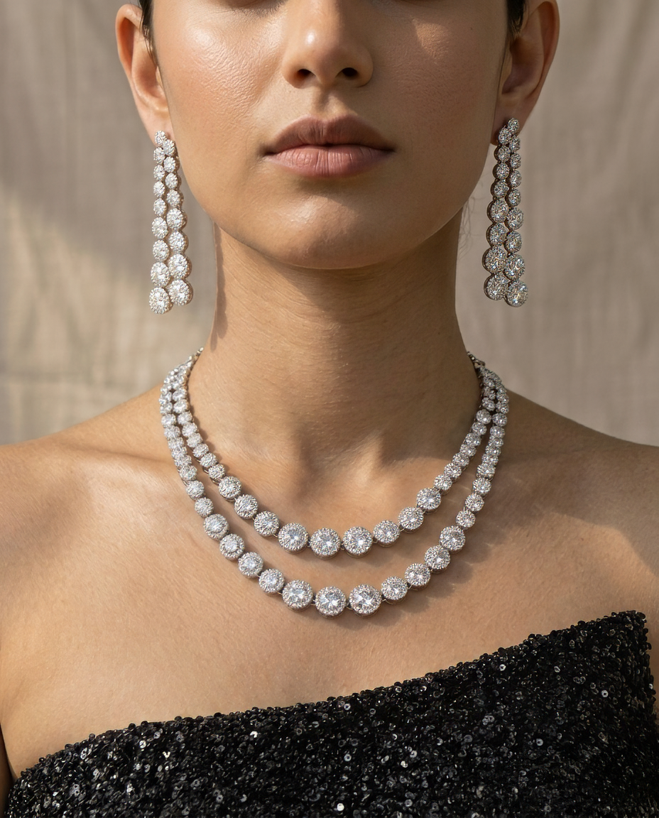 Diamante String Diad Two Layered Cubic Zirconia Necklace