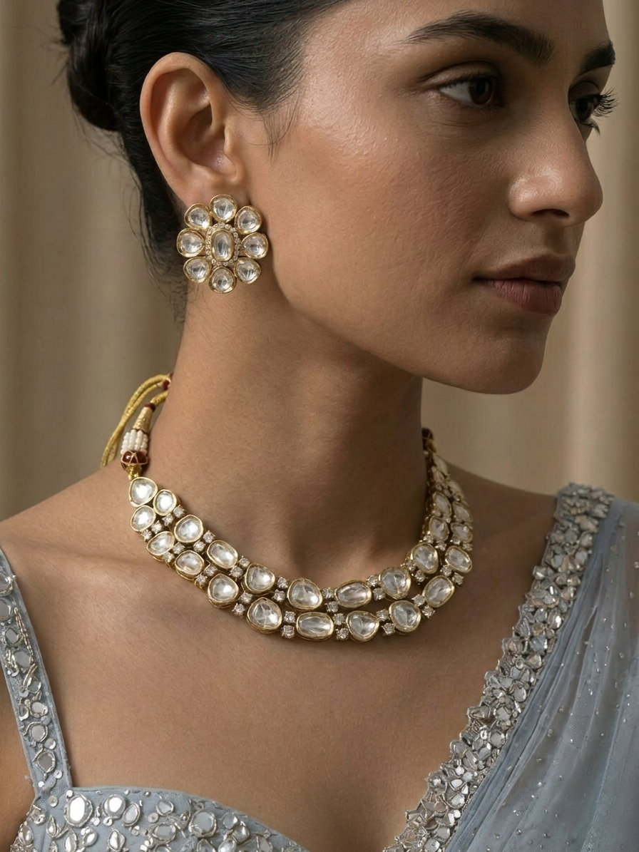Gold Floral Earring & Double-Layer Necklace Set with Clear Gemstones