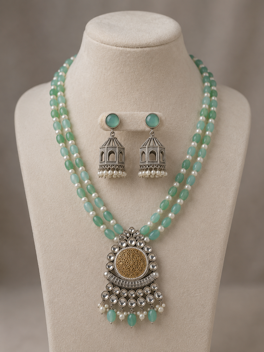 Exquisite Turquoise Beaded Necklace Set with Antique Pendant & Jhumka Earrings