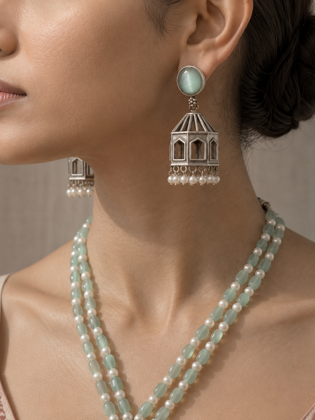 Exquisite Turquoise Beaded Necklace Set with Antique Pendant & Jhumka Earrings