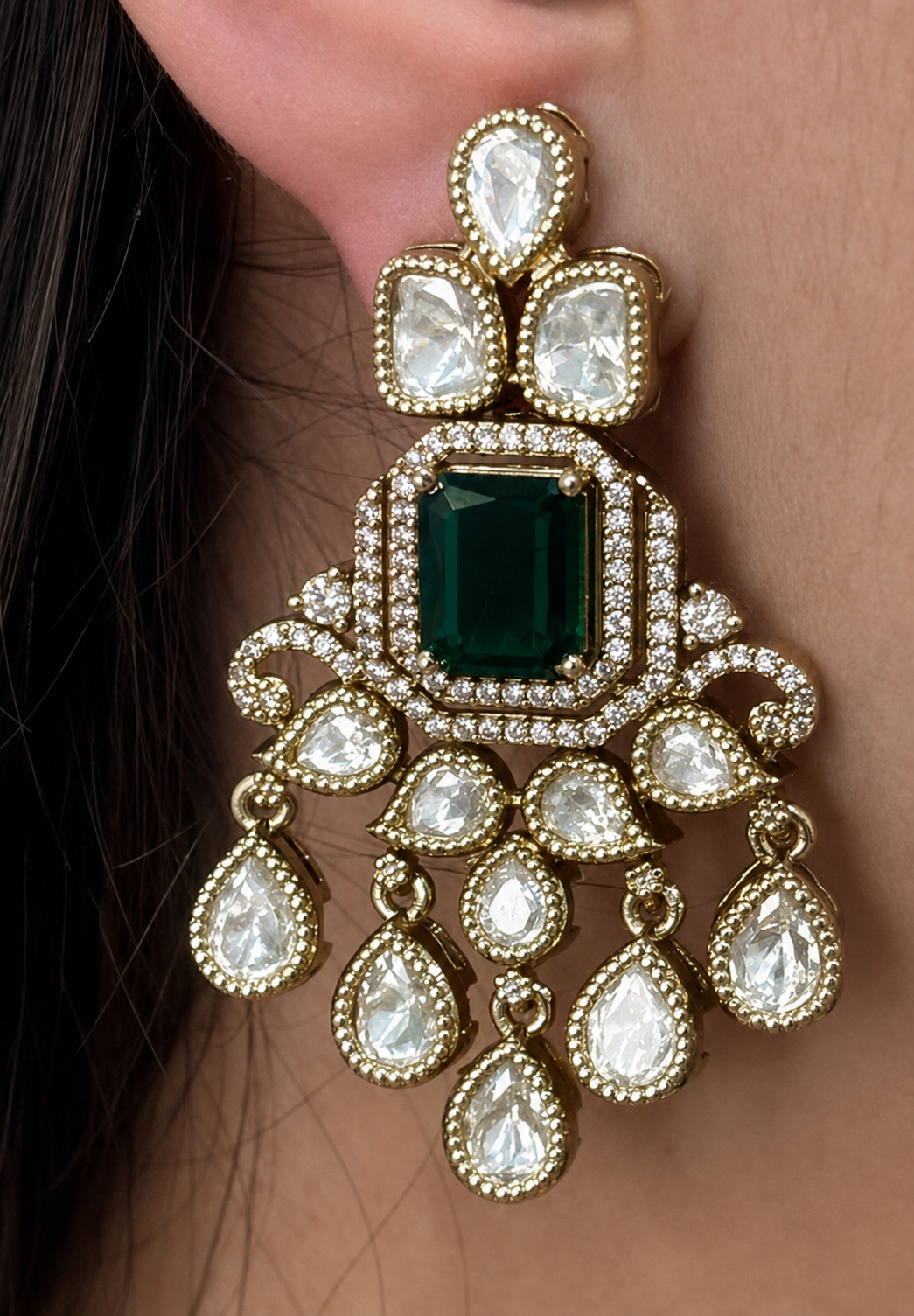 Moissanite Polki Studded Double Layer Emerald Necklace Set
