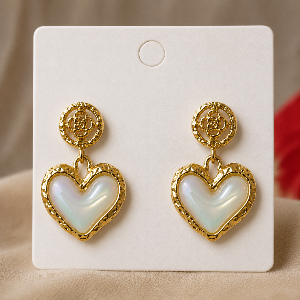 Floral Heart Drop Earring – Romantic Alloy Elegance with Pearlescent Charm
