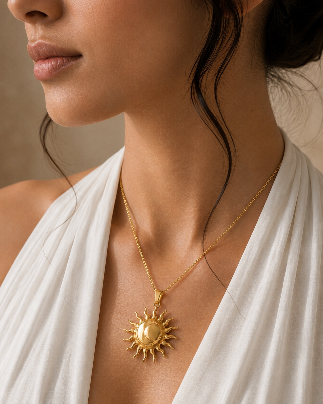 Real Gold Plated Sun Pendant Necklace in Waterproof 201/304 Stainless Steel Cable Chain