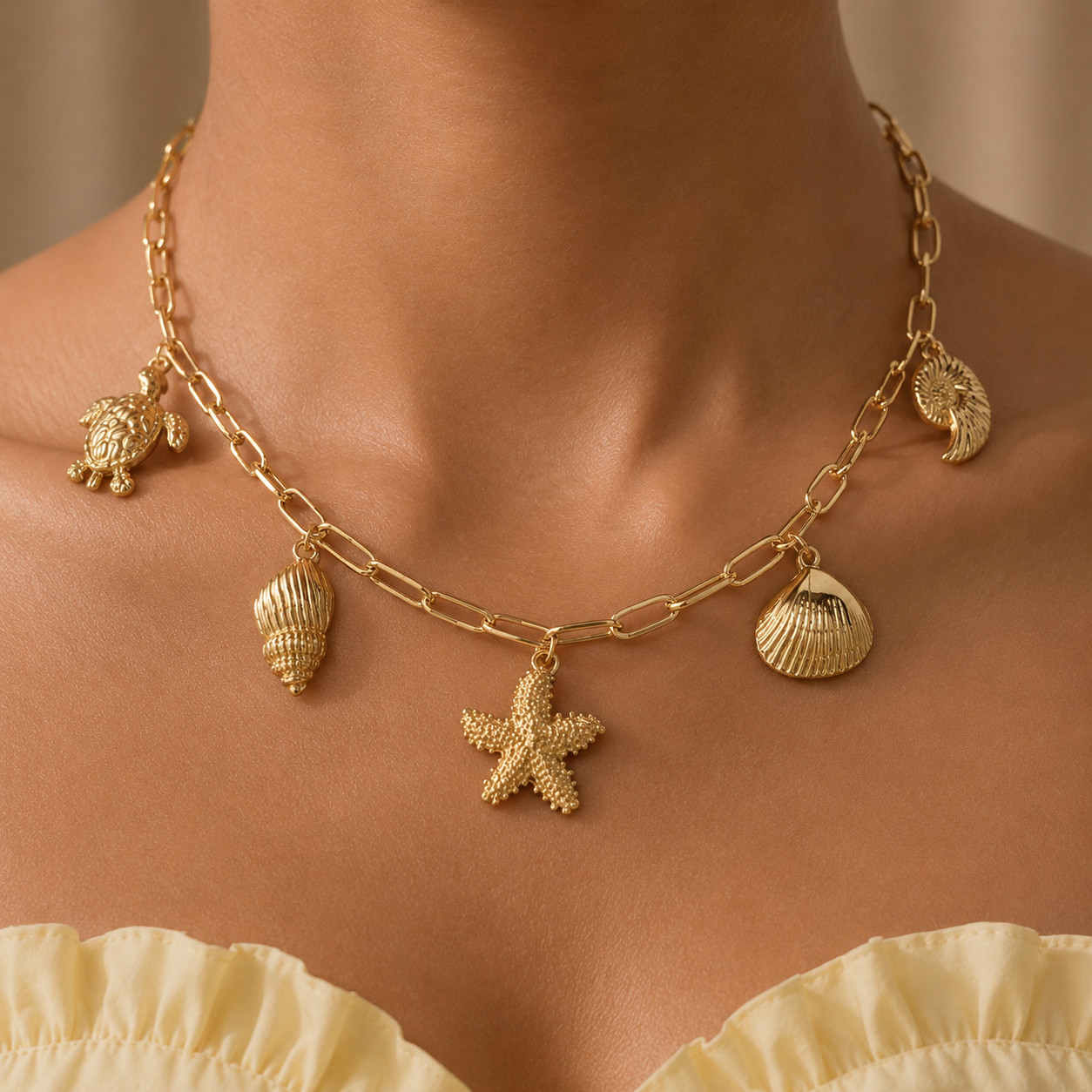 Alloy Plated Vacation Pendant Necklace with Tortoise, Starfish & Shell Motif