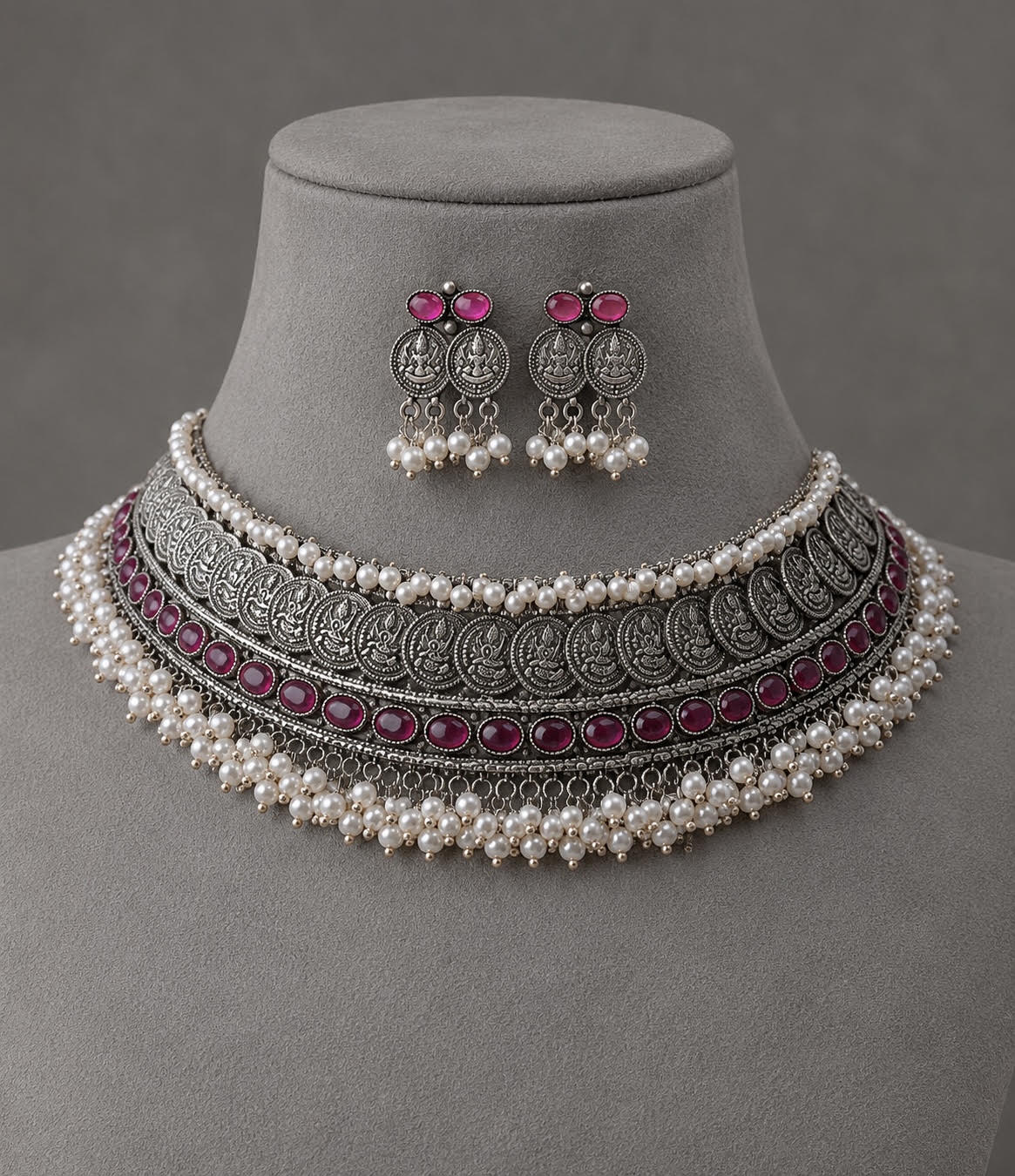 Oxidised Silver Statement Necklace Set with Red Stone Detailing & Pearl Fringe