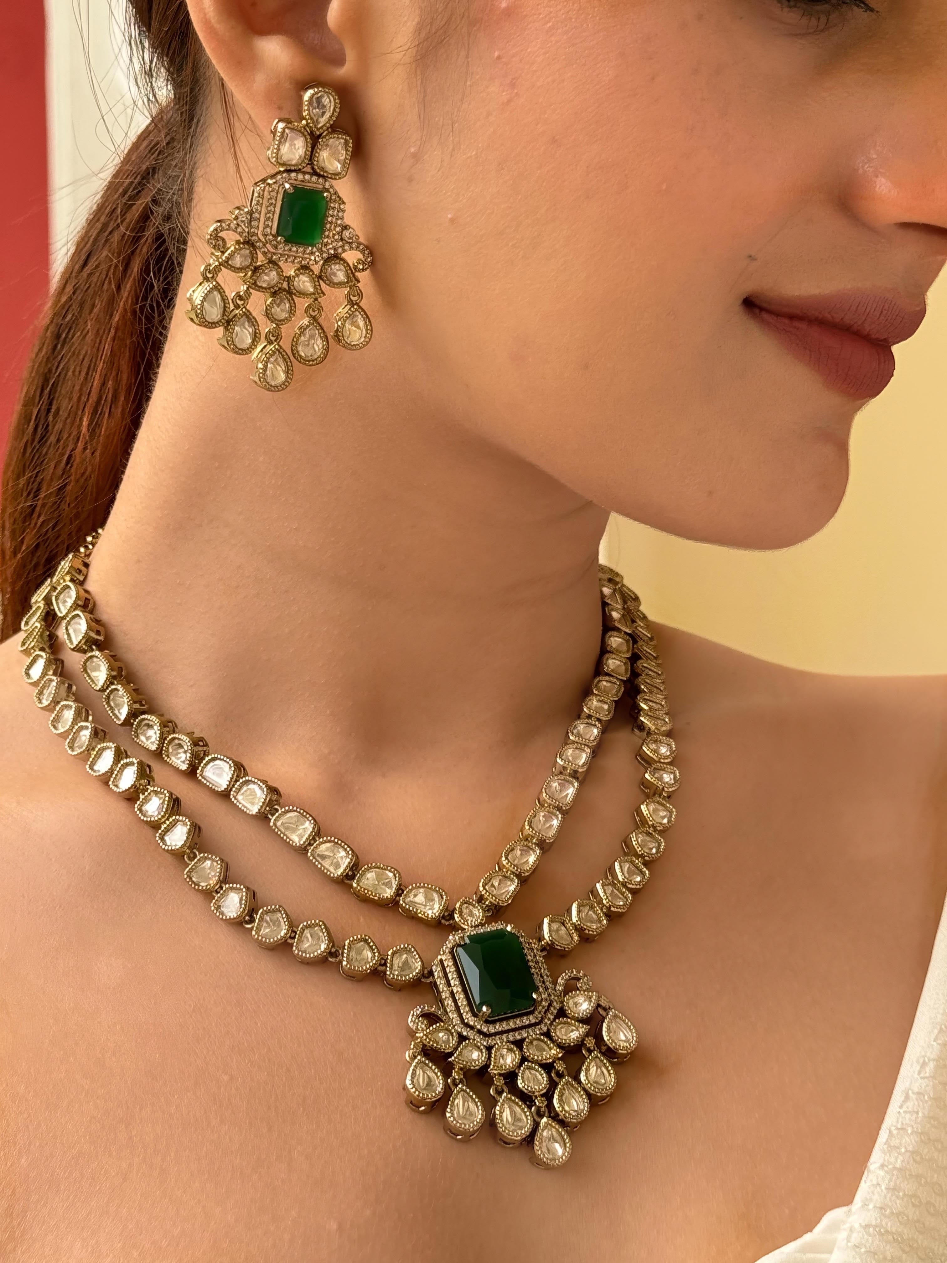Moissanite Polki Studded Double Layer Emerald Necklace Set