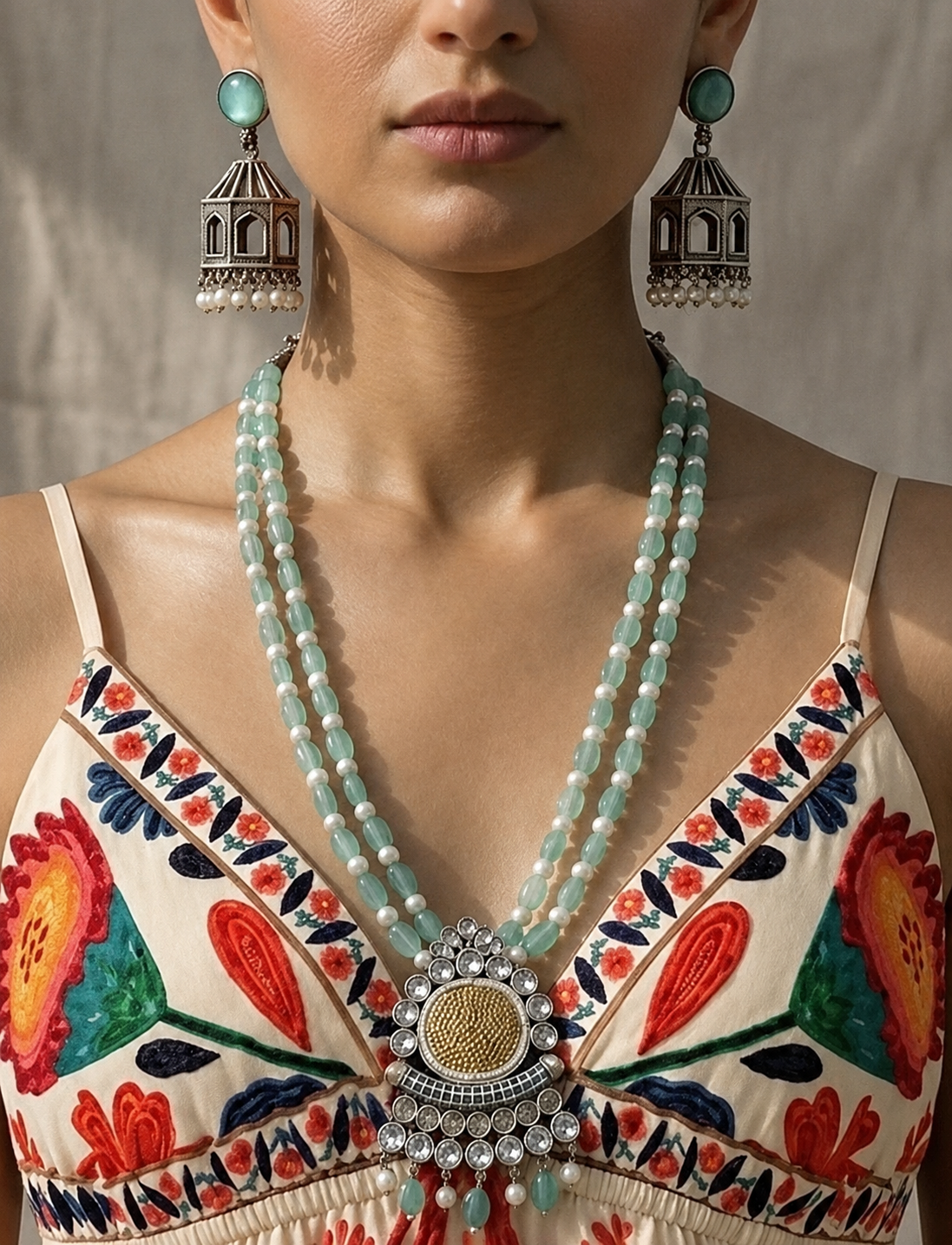 Exquisite Turquoise Beaded Necklace Set with Antique Pendant & Jhumka Earrings
