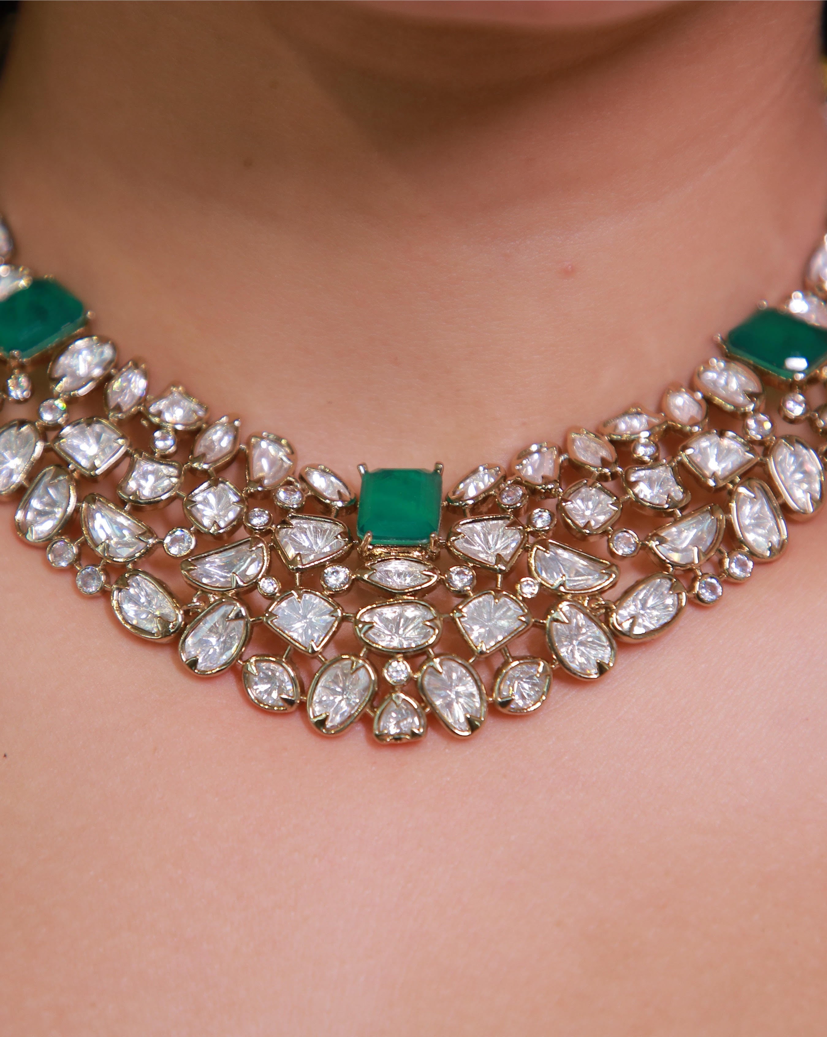 22K Mehendi Gold Plated Antique Polki Diamond Choker Necklace Set with Emerald Accents | Heritage Bridal &amp; Statement Jewellery with Matching Earrings