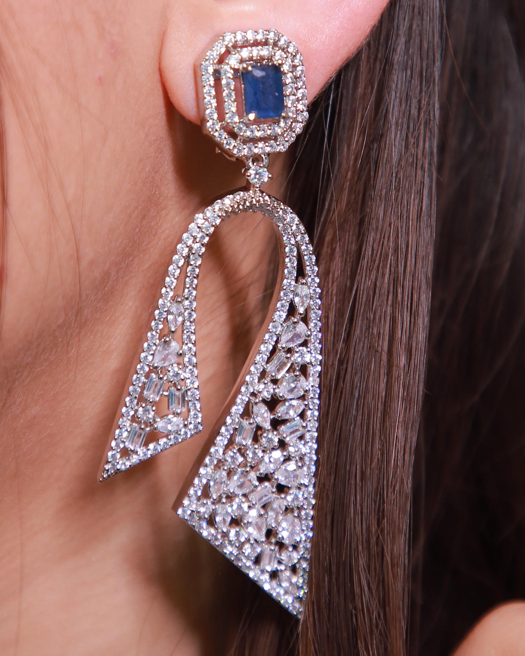 Blue American Diamond Statement Drop Earrings