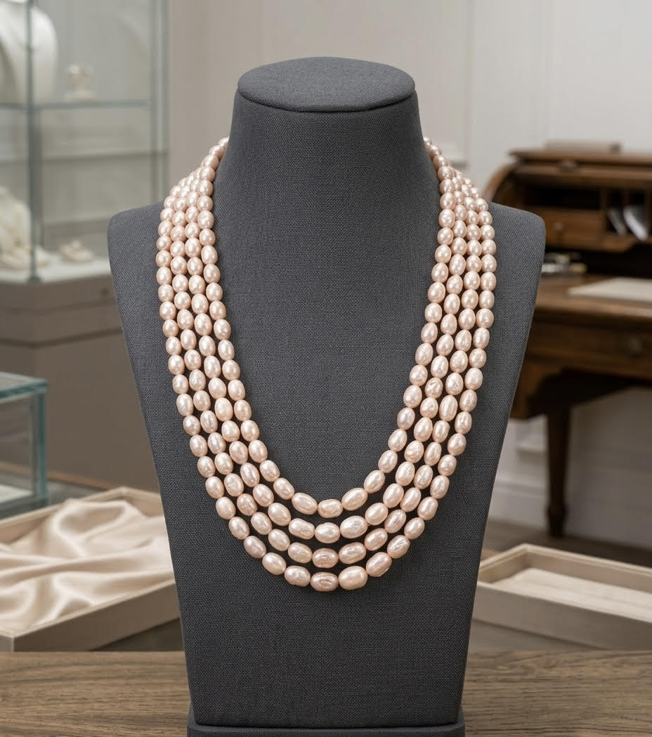 Statement Multi-Layer Pearl Mala Necklace — Handcrafted 4-Strand Design