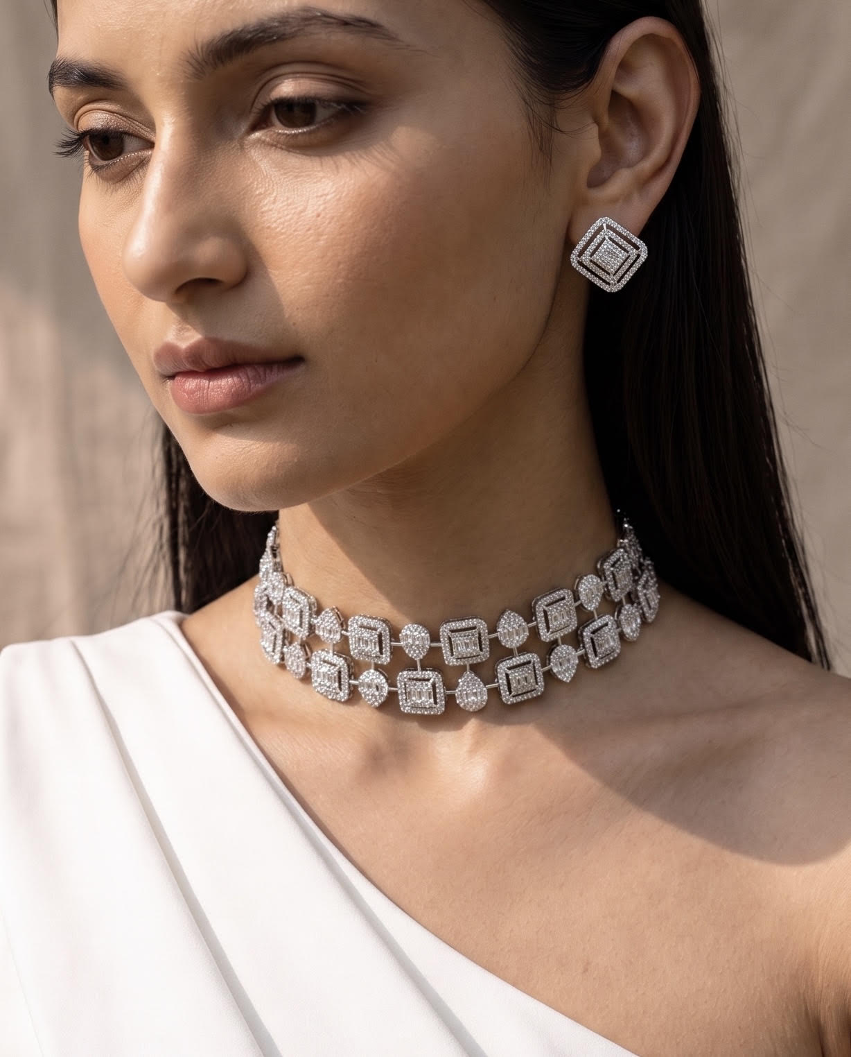 Geometric Halo Diamond Choker &amp; Earring Set